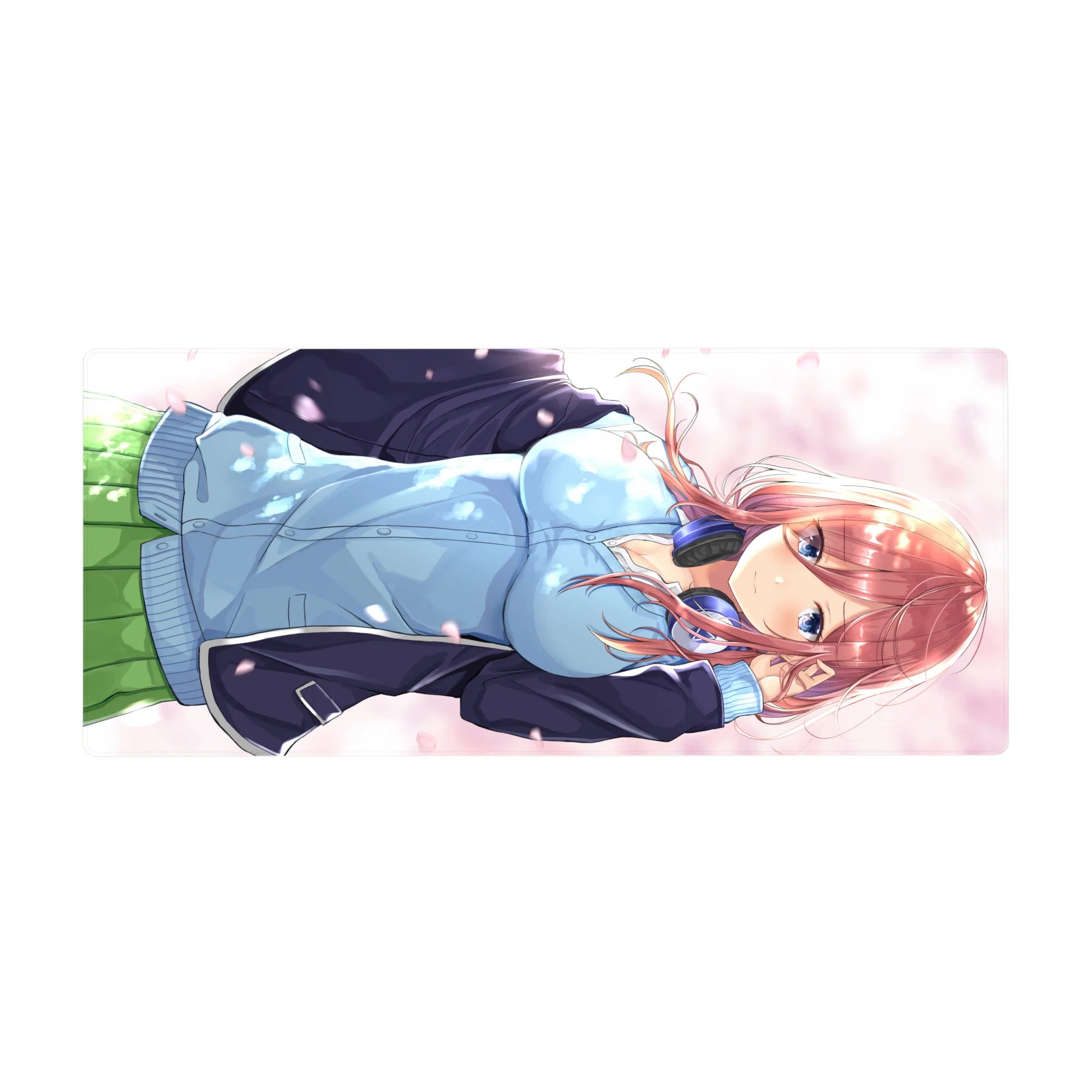 36x16 inches anime girl desk pad with red-haired girl, blue hoodie, green skirt, and pink petals.