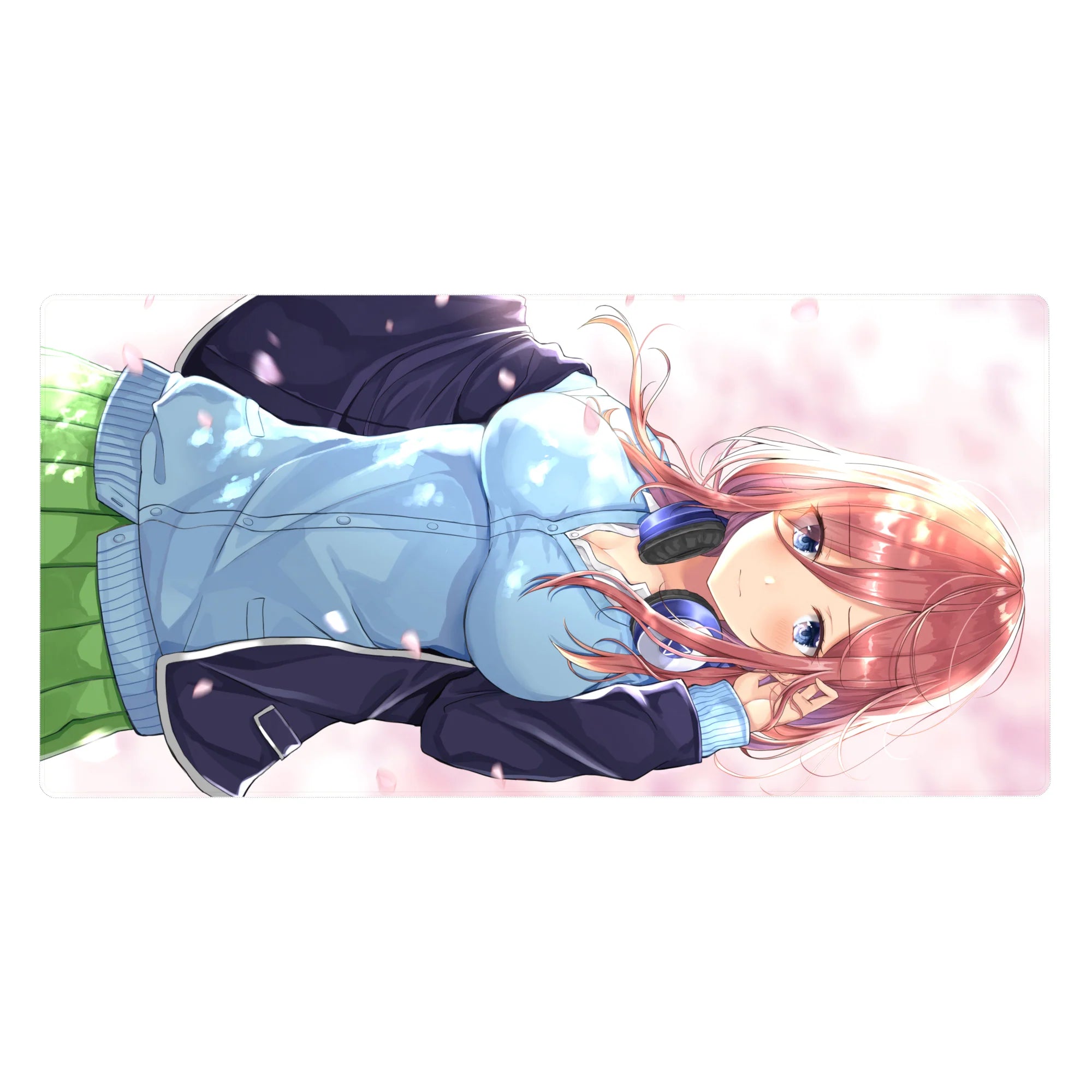 Anime girl desk pad 40x20 inches with red-haired girl, blue eyes, hoodie and skirt, pink petals.