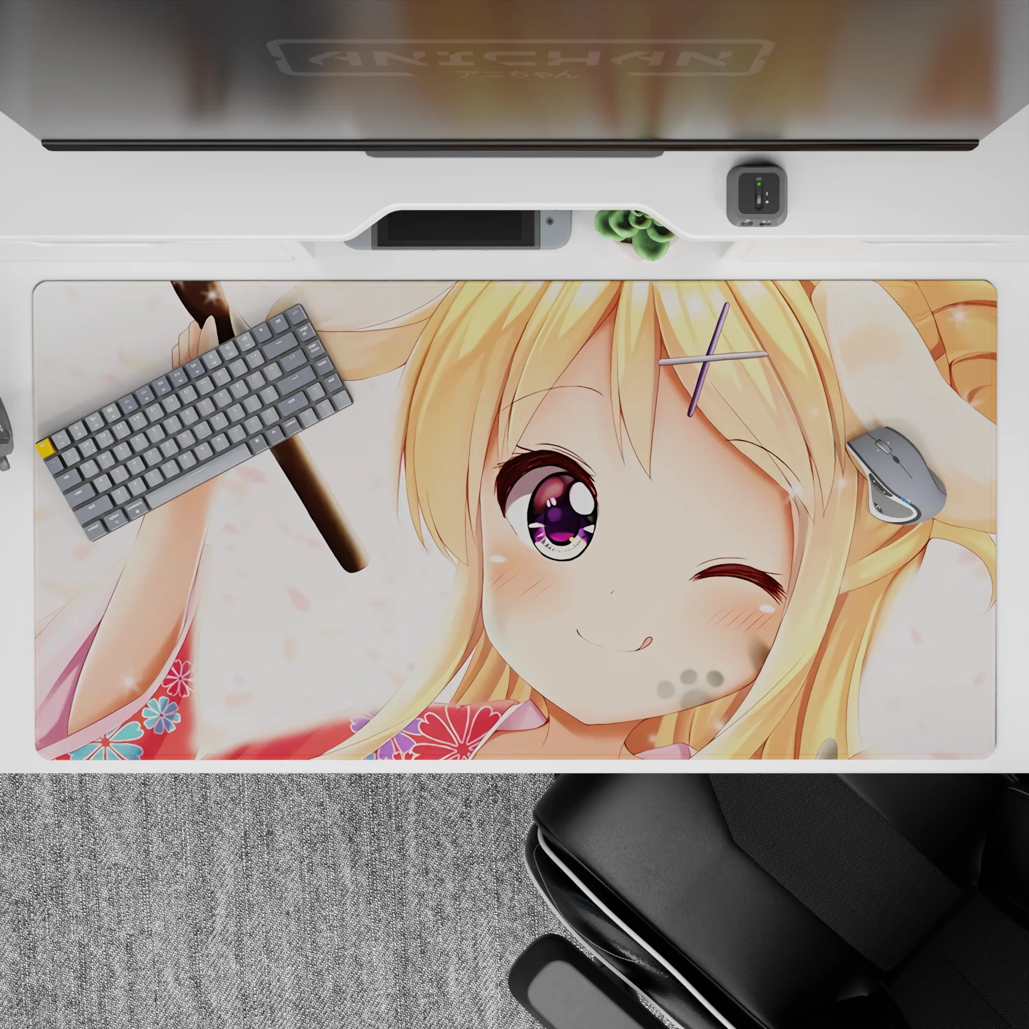 Cozy peach-and-pink anime desk pad 40x20 inches with blossoms and a comforting sparkle-eyed vibe.
