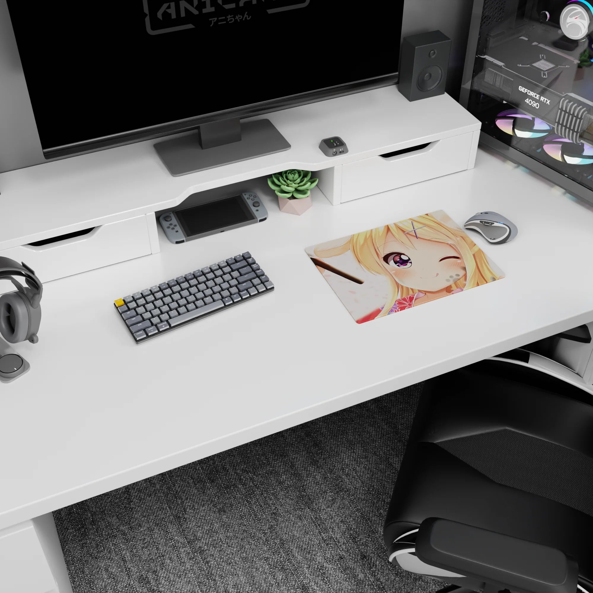 Winking blonde anime girl with sparkling purple eye on mouse pad 14x10 inches, yukata portrait.