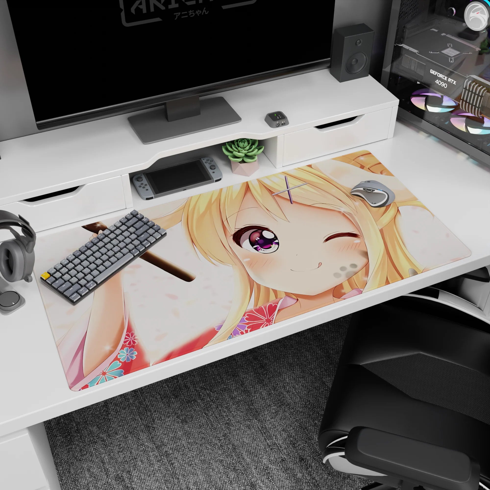 Winking blonde anime girl in yukata on desk pad 40x20 inches, pink blossoms and purple eye close-up.