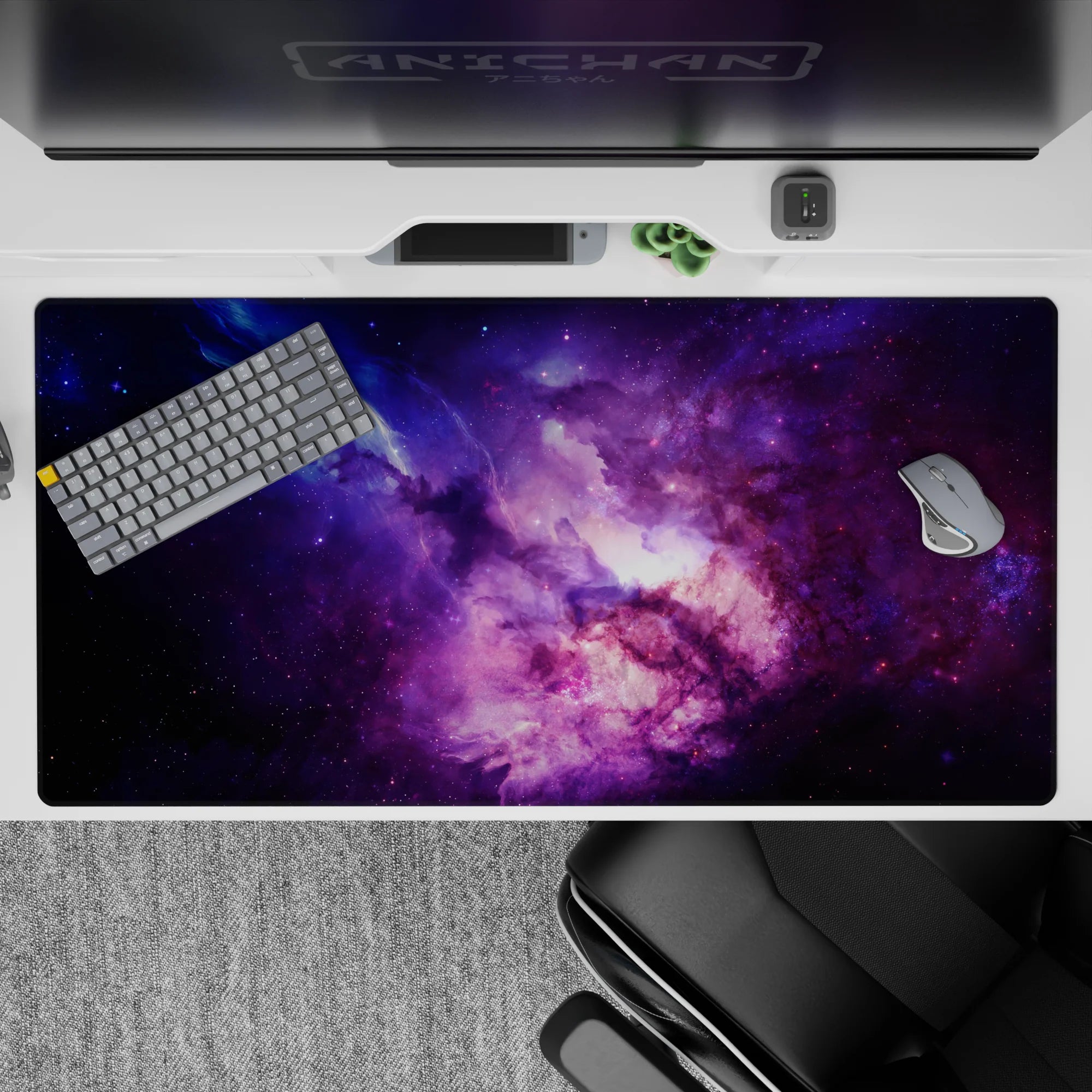 Inky blue and velvety violet desk pad 40x20 inches with a magical nebula glow for cozy nights.