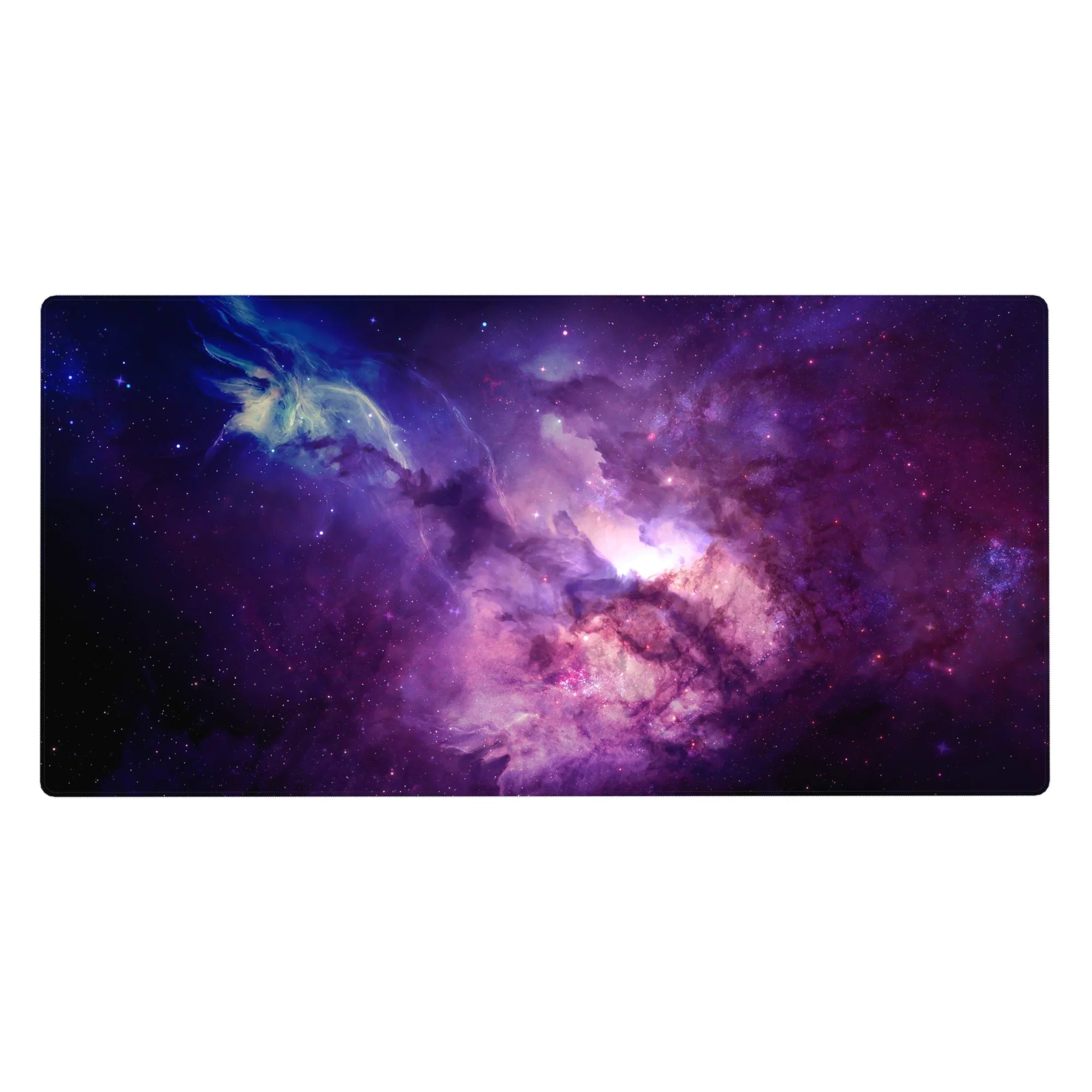 Galaxy swirl desk pad 40x20 inches with nebula glow and star-speckled deep-space design.