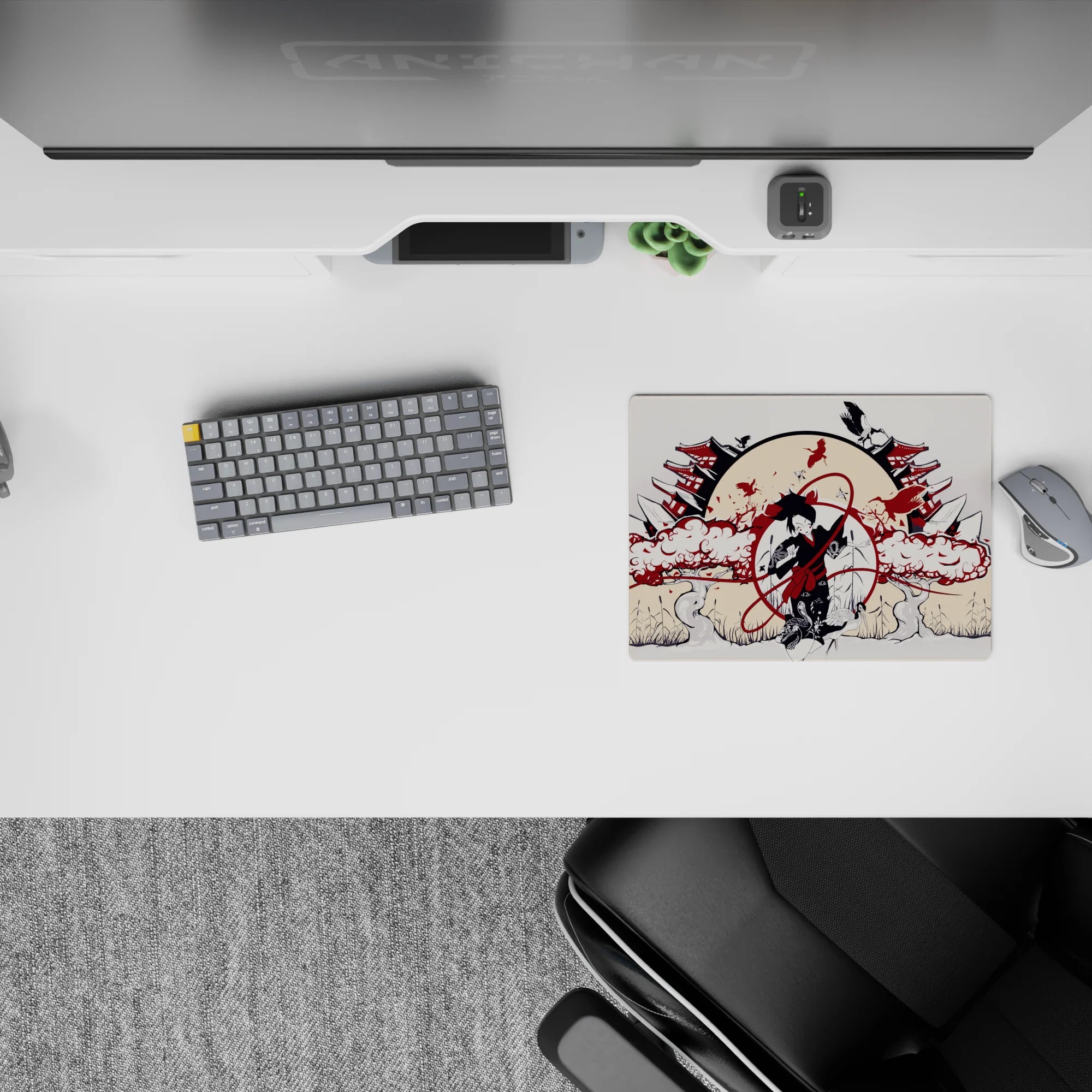 14x10 inches classic anime mouse pad in cream, ink-black and deep crimson, calm yet battle-tense mood.