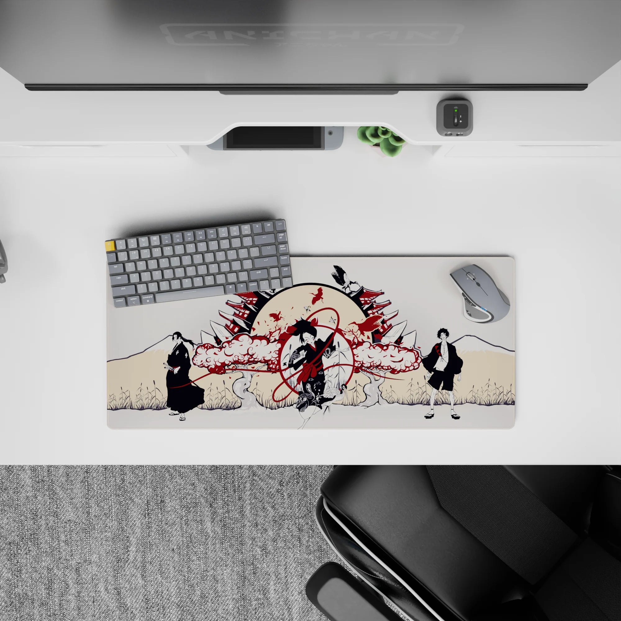 28x12 inches anime mouse pad in warm cream, ink black, and deep crimson with calm battle-like mood.
