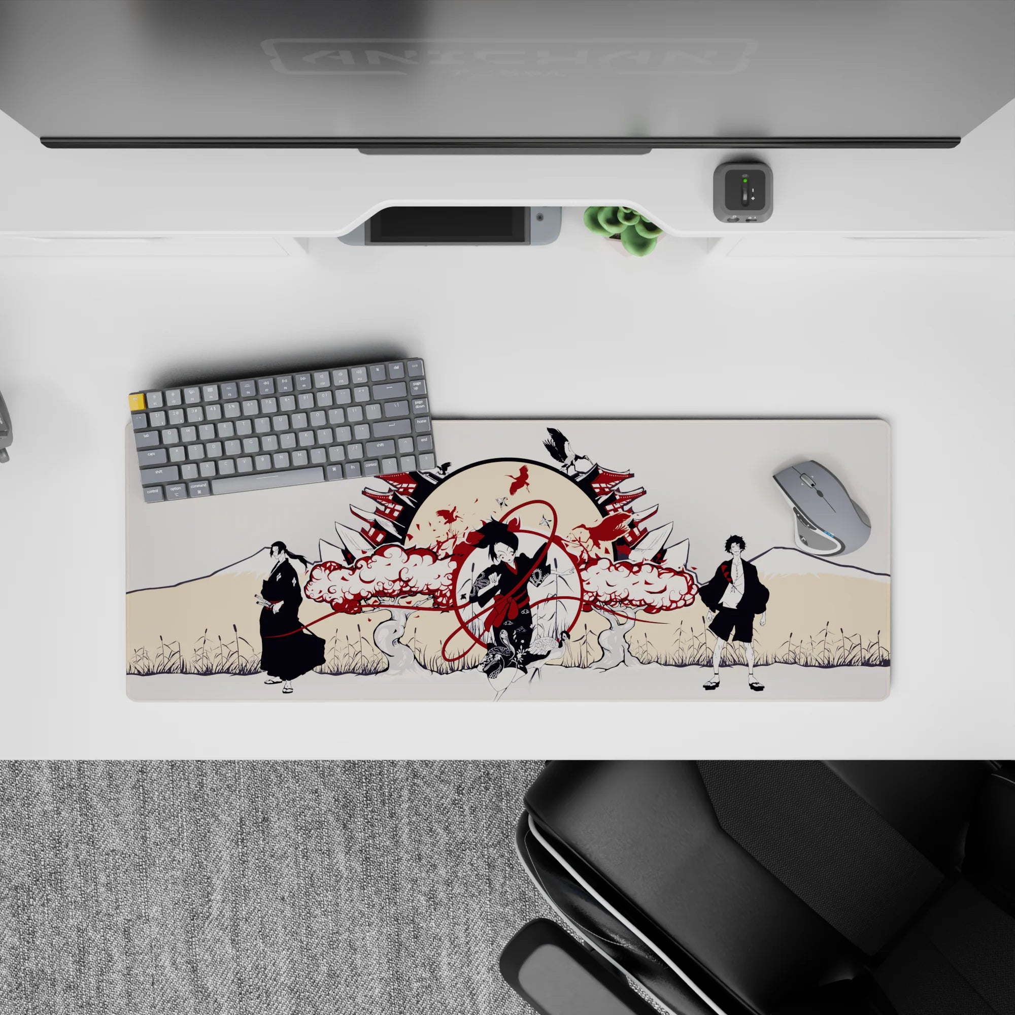 32x12 inches anime mouse pad in warm cream and deep crimson, smoky clouds and birds for calm battle mood.