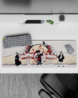 32x12 inches anime mouse pad in warm cream and deep crimson, smoky clouds and birds for calm battle mood.