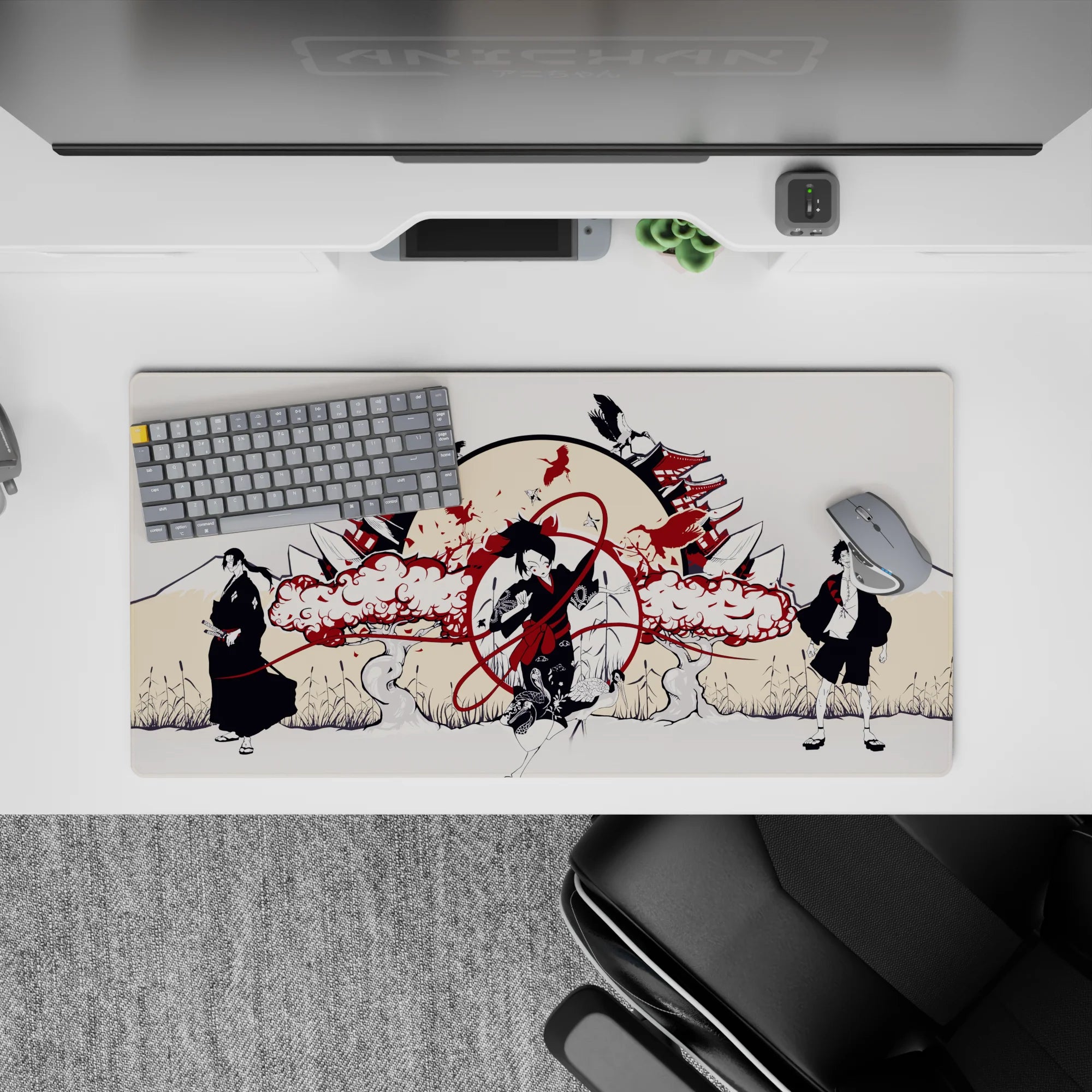 32x16 inches anime mouse pad in cream, ink-black and deep crimson; calm chaos with smoky clouds.