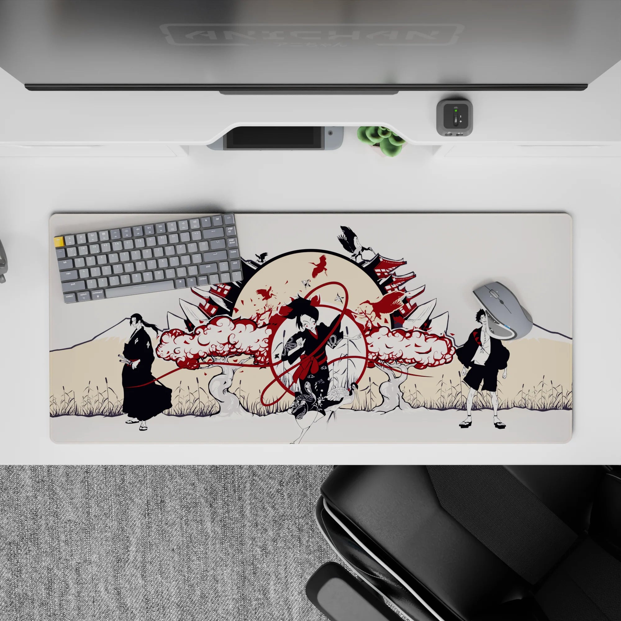36x16 inches anime mouse pad in cream, black, and deep crimson, smoky clouds and calm battle mood.