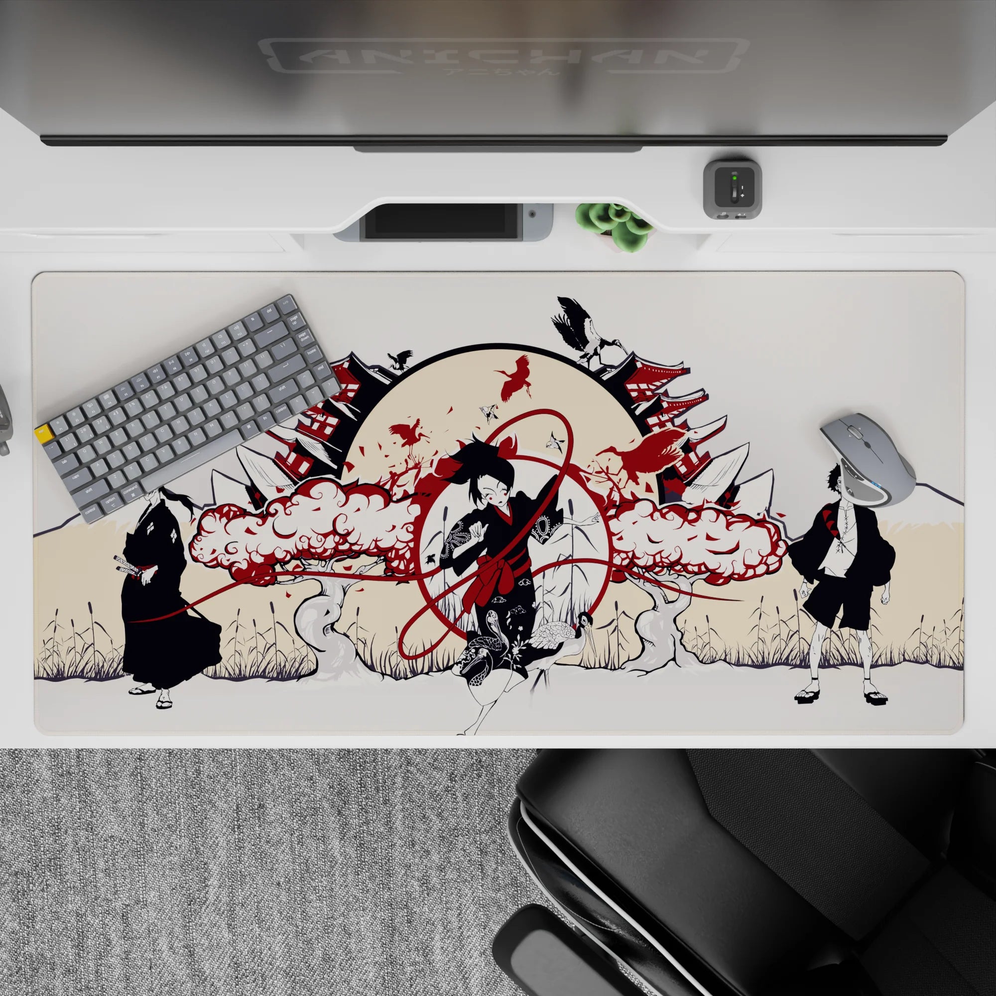 40x20 inches anime mouse pad in warm cream and deep crimson, smoky clouds and birds, calm battle vibe.