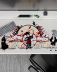 40x20 inches anime mouse pad in warm cream and deep crimson, smoky clouds and birds, calm battle vibe.