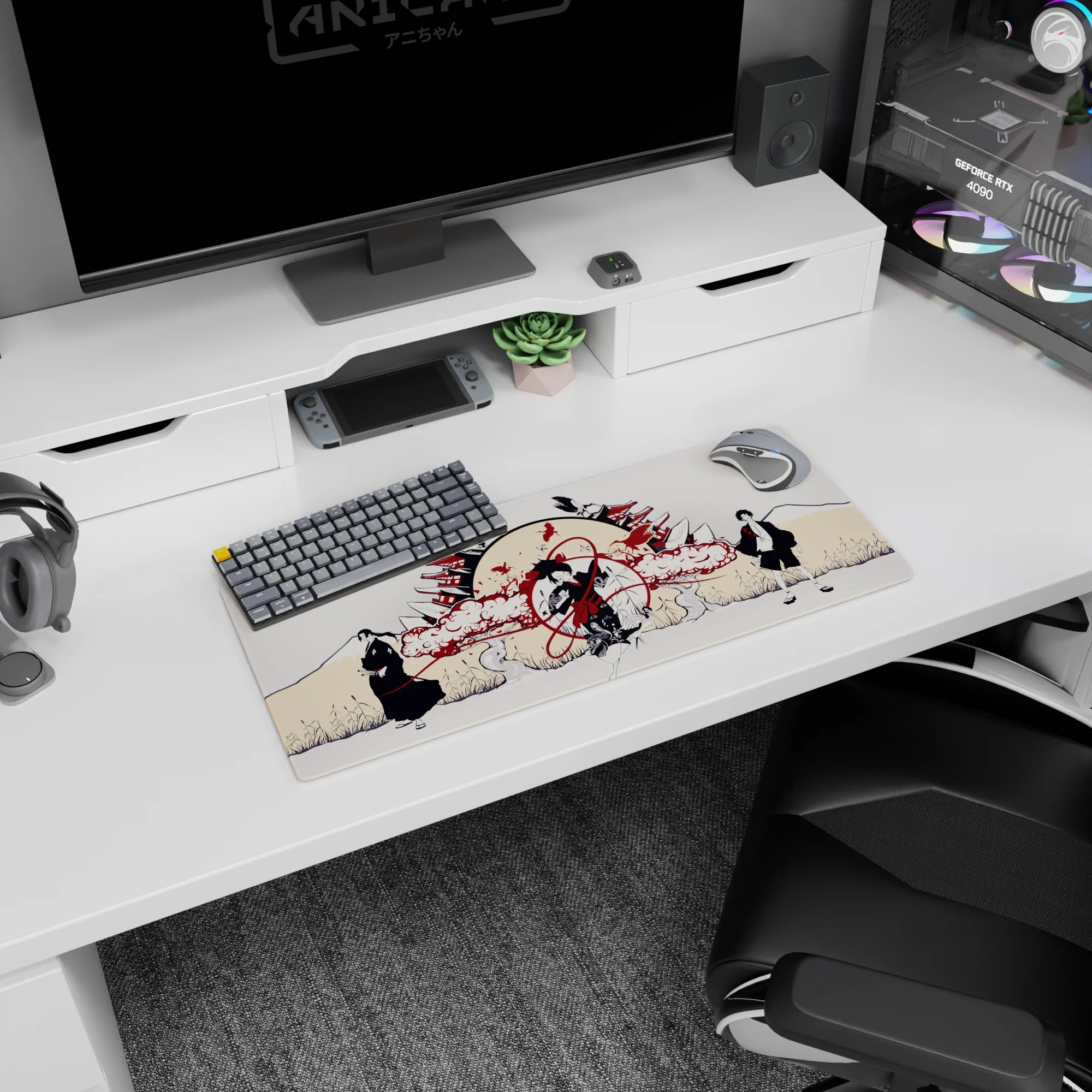 28x12 inches anime mouse pad showing central kimono dancer wrapped in crimson ribbons amid smoky clouds.