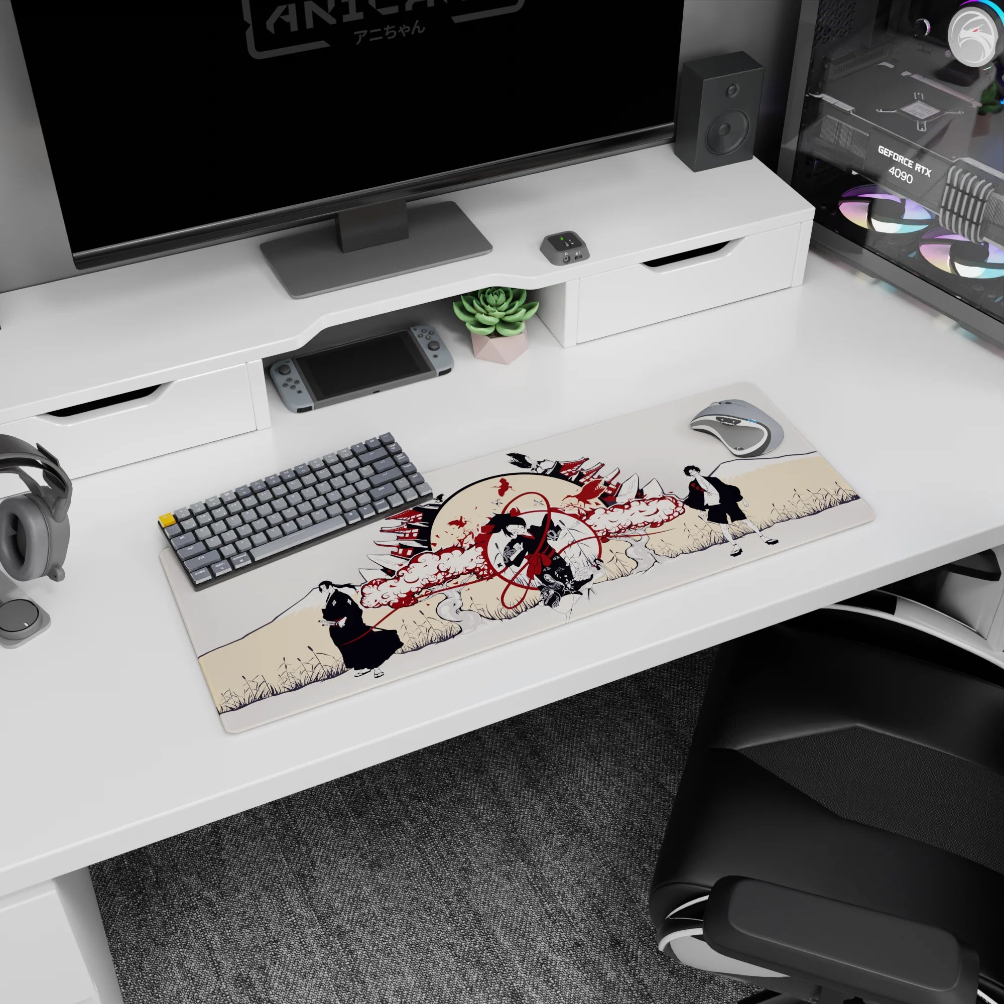 32x12 inches anime mouse pad with central dancer wrapped in crimson ribbons, kimono snakes and florals.