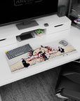 32x12 inches anime mouse pad with central dancer wrapped in crimson ribbons, kimono snakes and florals.