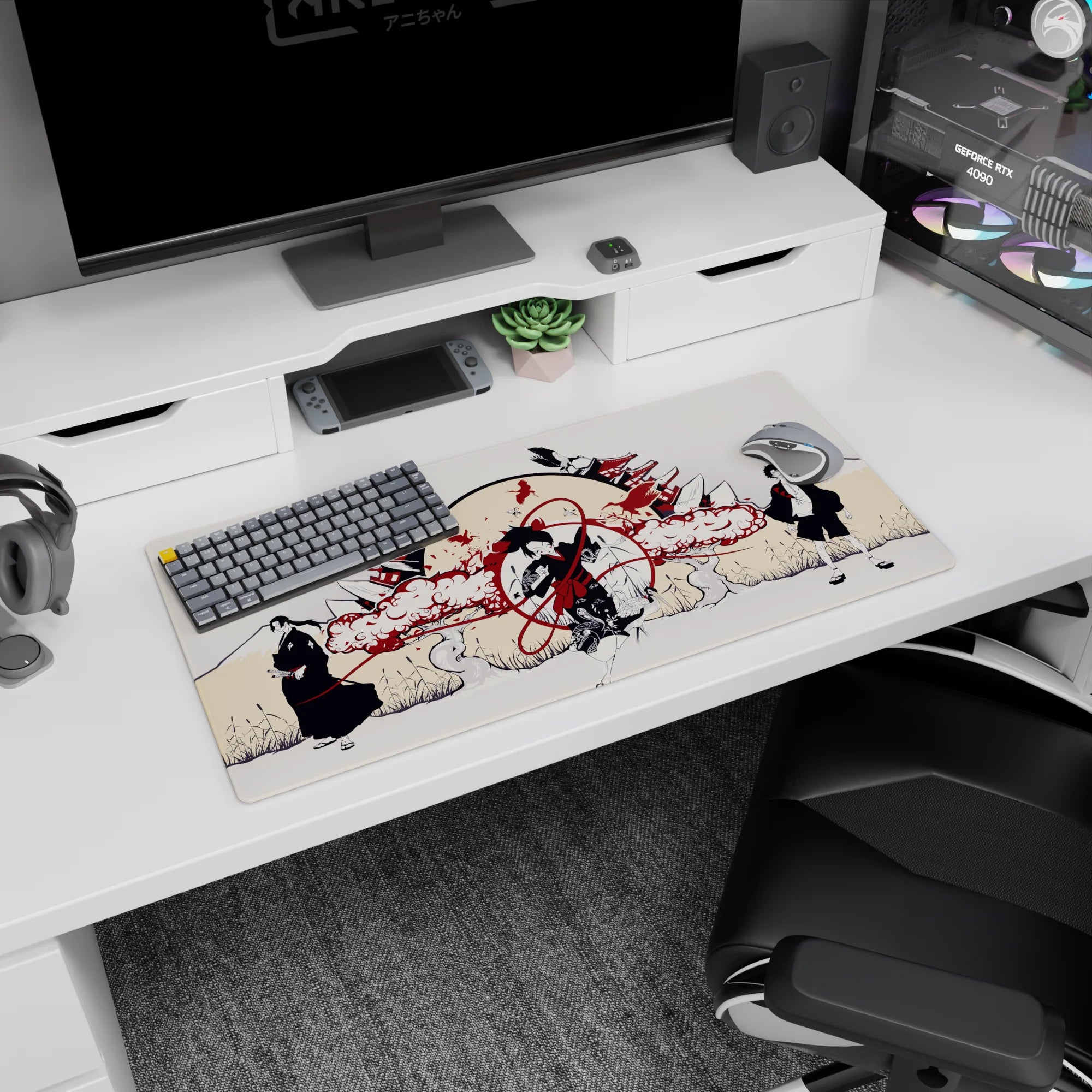 32x16 inches anime mouse pad of a central kimono dancer, crimson ribbons, birds and rooftop silhouettes.