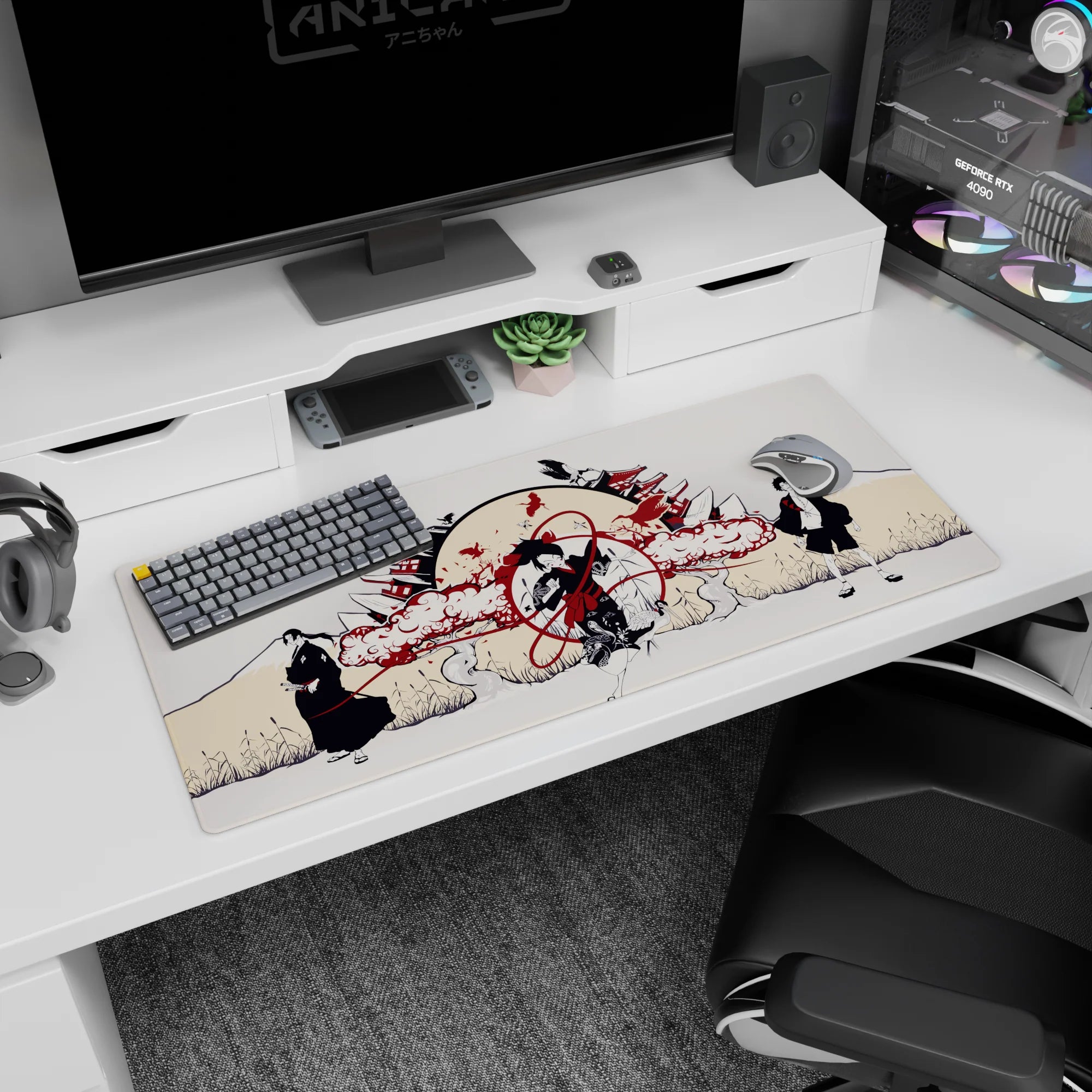 36x16 inches anime desk pad with central kimono dancer wrapped in crimson ribbons, snakes and florals.