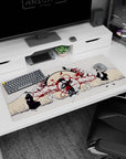 36x16 inches anime desk pad with central kimono dancer wrapped in crimson ribbons, snakes and florals.