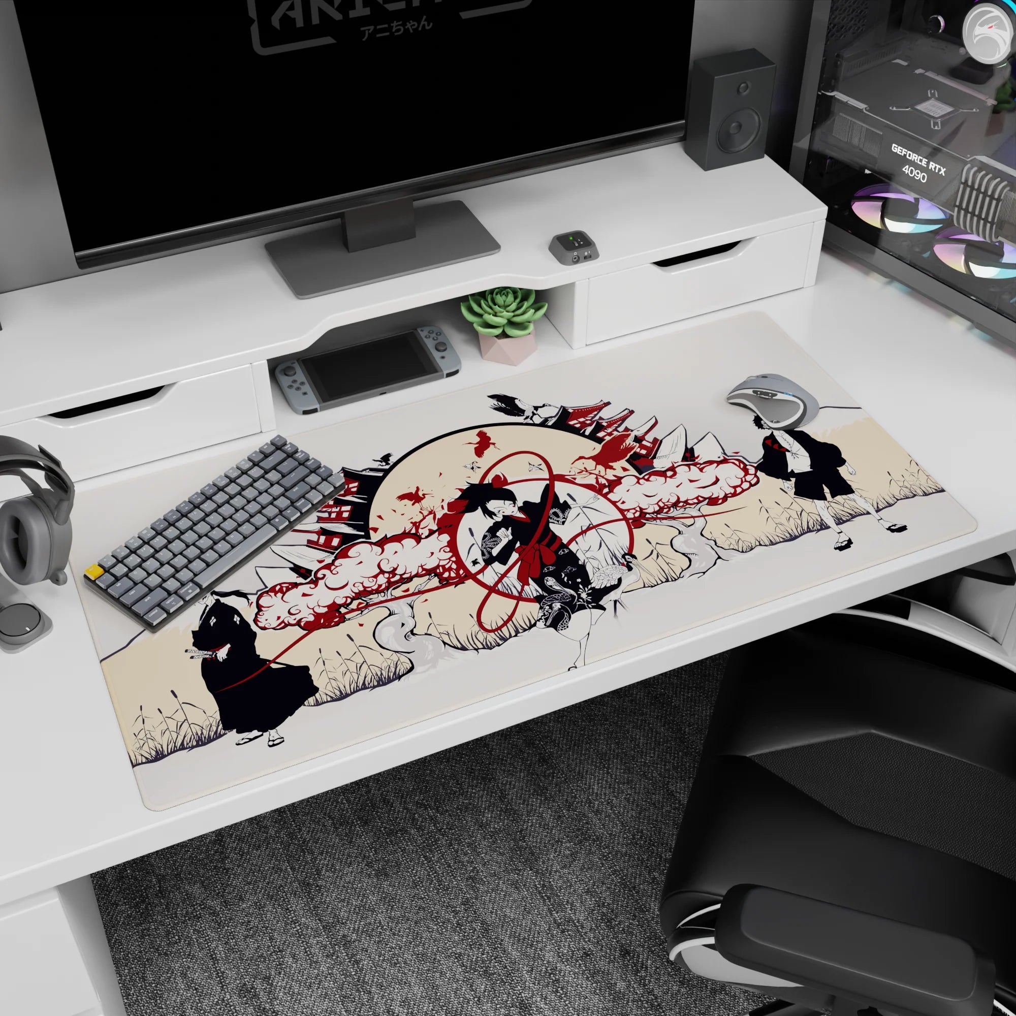 40x20 inches anime desk pad with central dancer, crimson ribbons, kimono with snakes and florals, trio standoff.