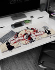 40x20 inches anime desk pad with central dancer, crimson ribbons, kimono with snakes and florals, trio standoff.