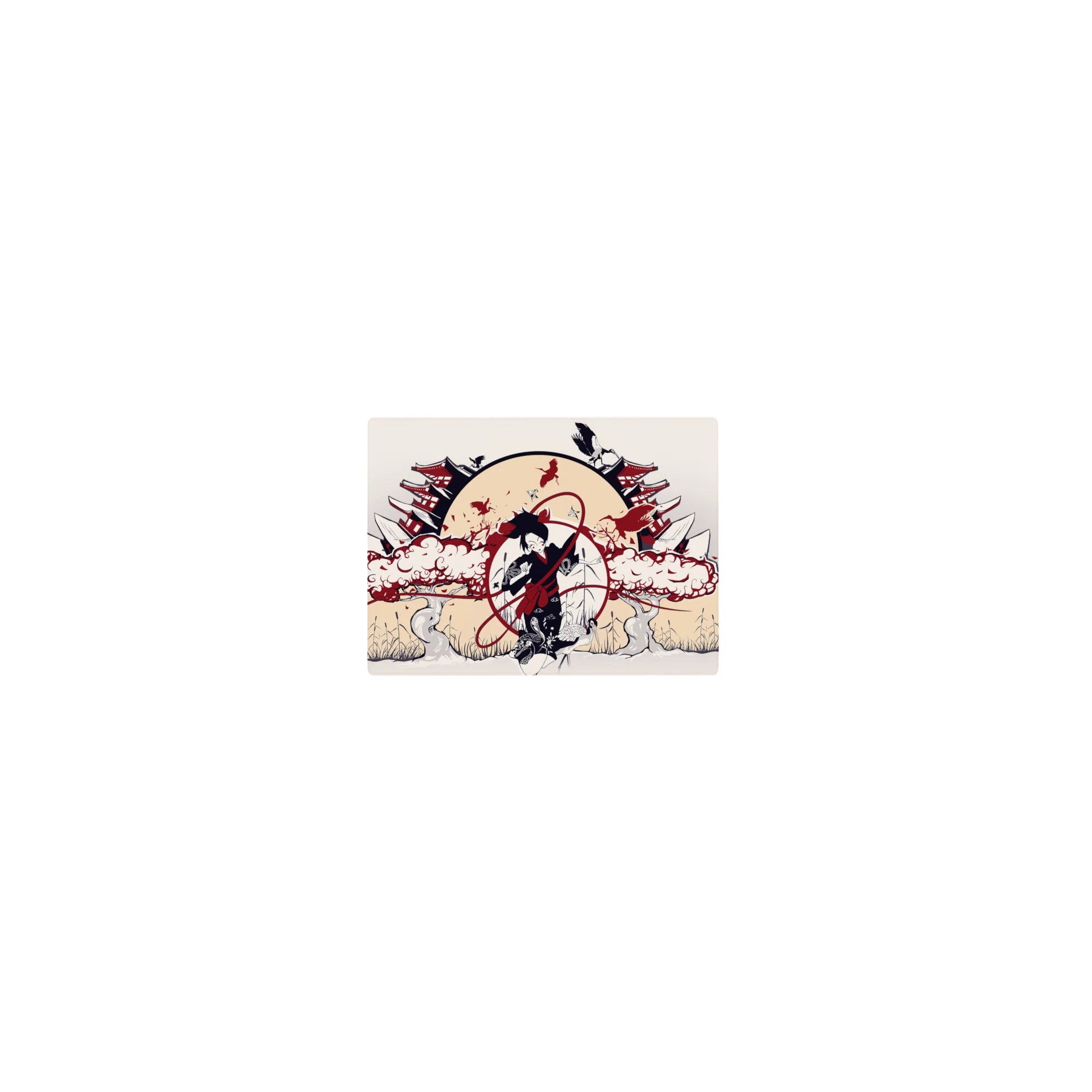 14x10 inches classic anime mouse pad with rising sun, pagoda rooftops, and dramatic trio silhouettes.