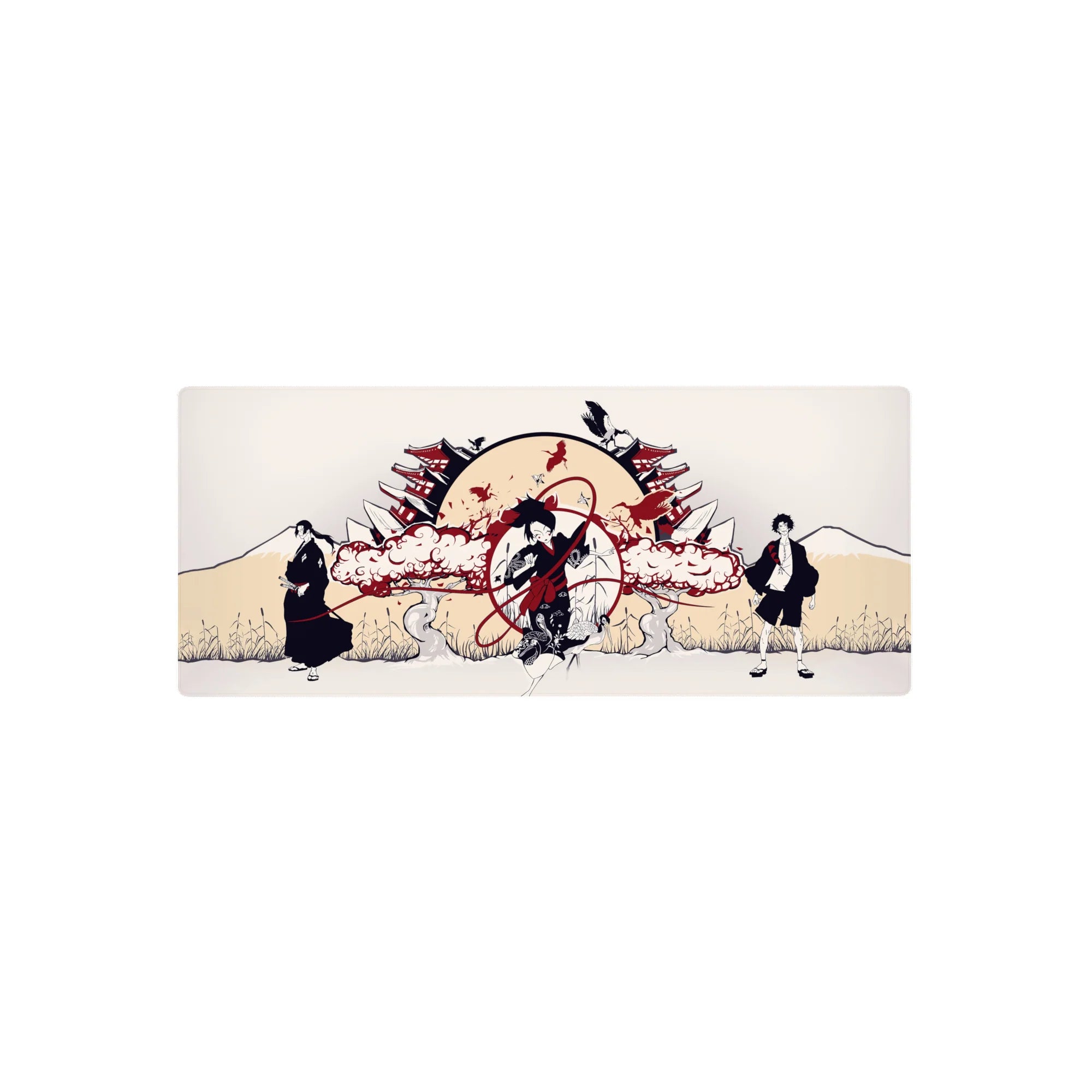 28x12 inches anime mouse pad with rising sun, pagoda rooftops, silhouettes, birds, and swirling ribbons.