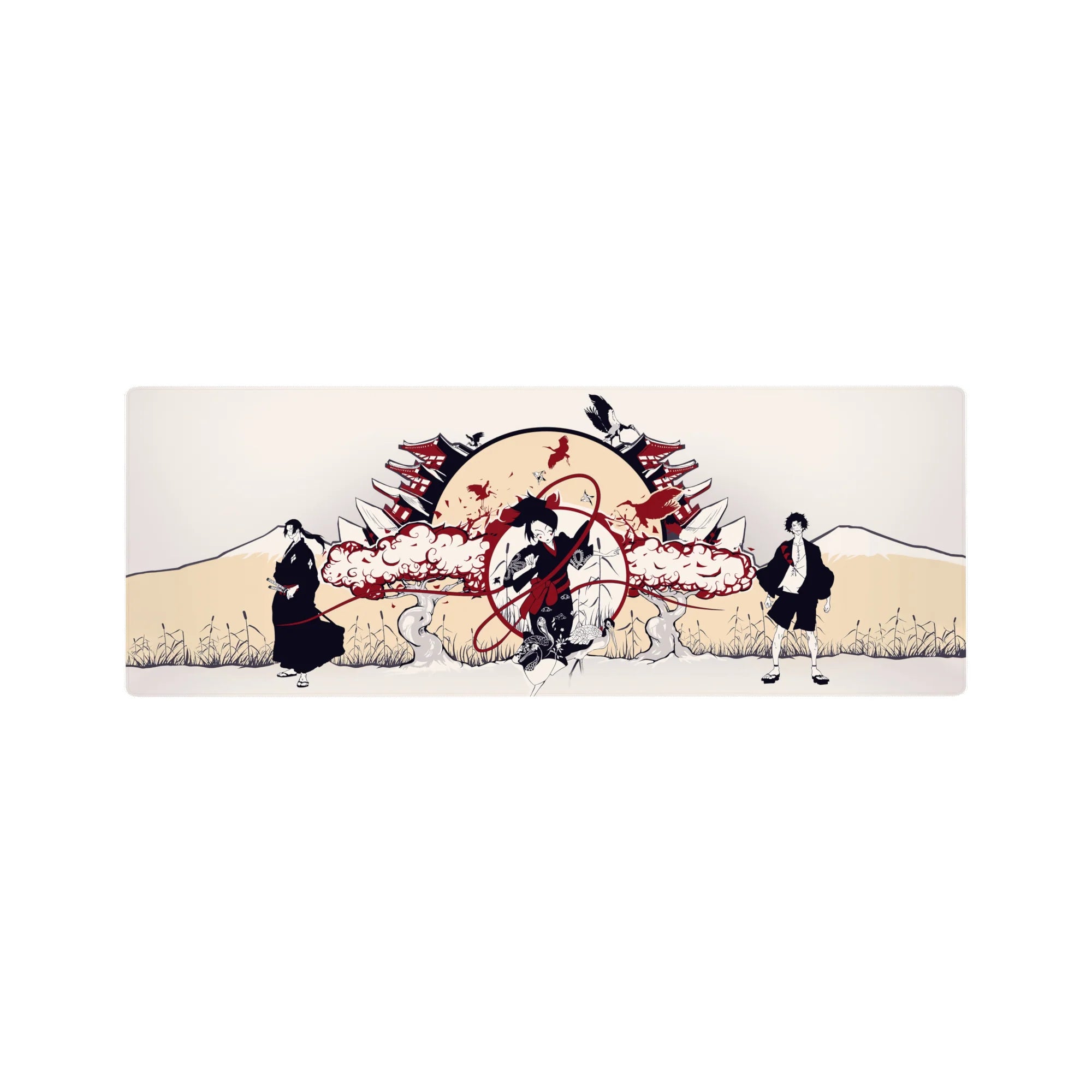 32x12 inches anime mouse pad with rising sun, pagoda rooftops, and dramatic trio in ink-black silhouettes.
