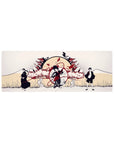 32x12 inches anime mouse pad with rising sun, pagoda rooftops, and dramatic trio in ink-black silhouettes.