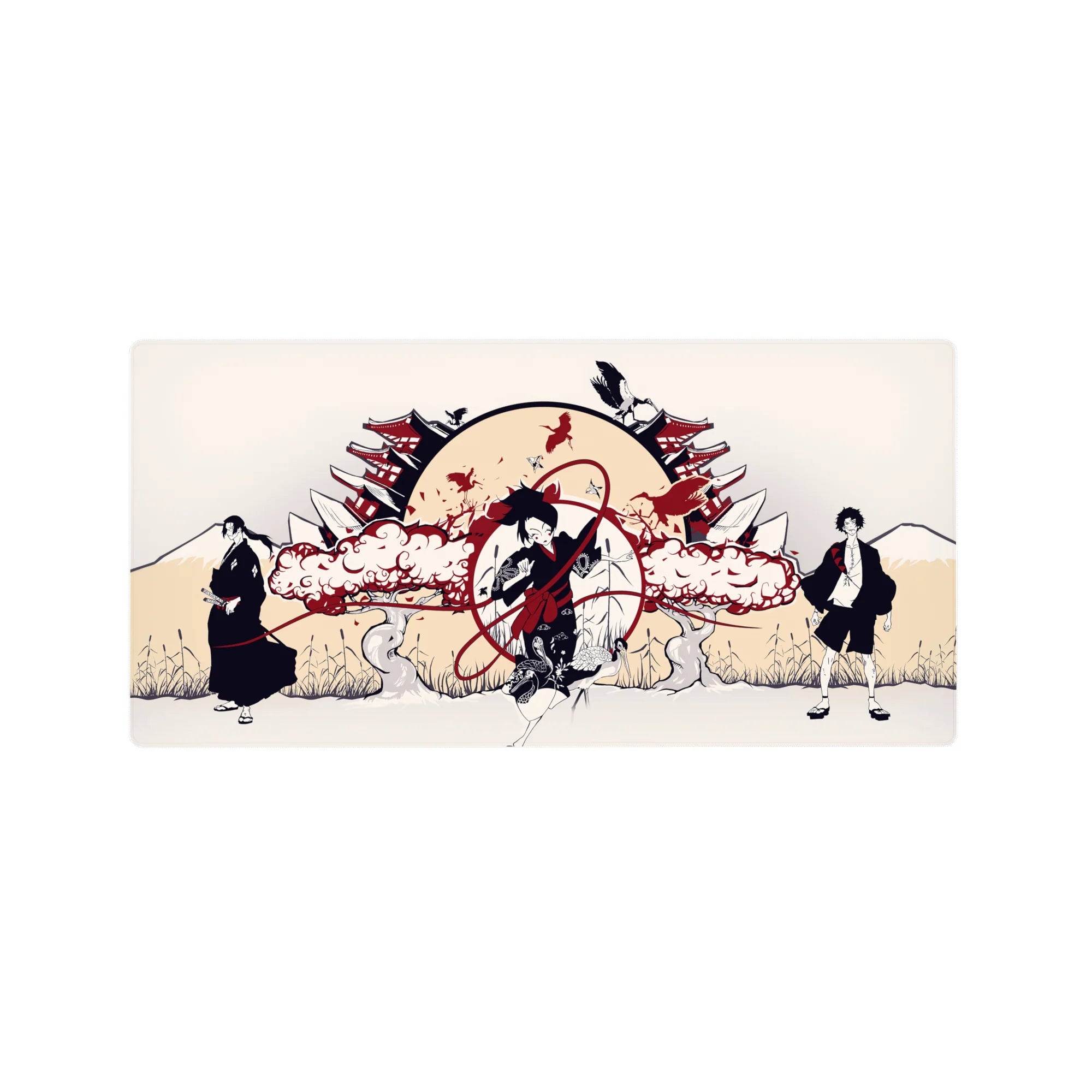 32x16 inches anime mouse pad with rising sun, pagoda rooftops, dramatic trio, swirling ribbon art.