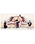 32x16 inches anime mouse pad with rising sun, pagoda rooftops, dramatic trio, swirling ribbon art.