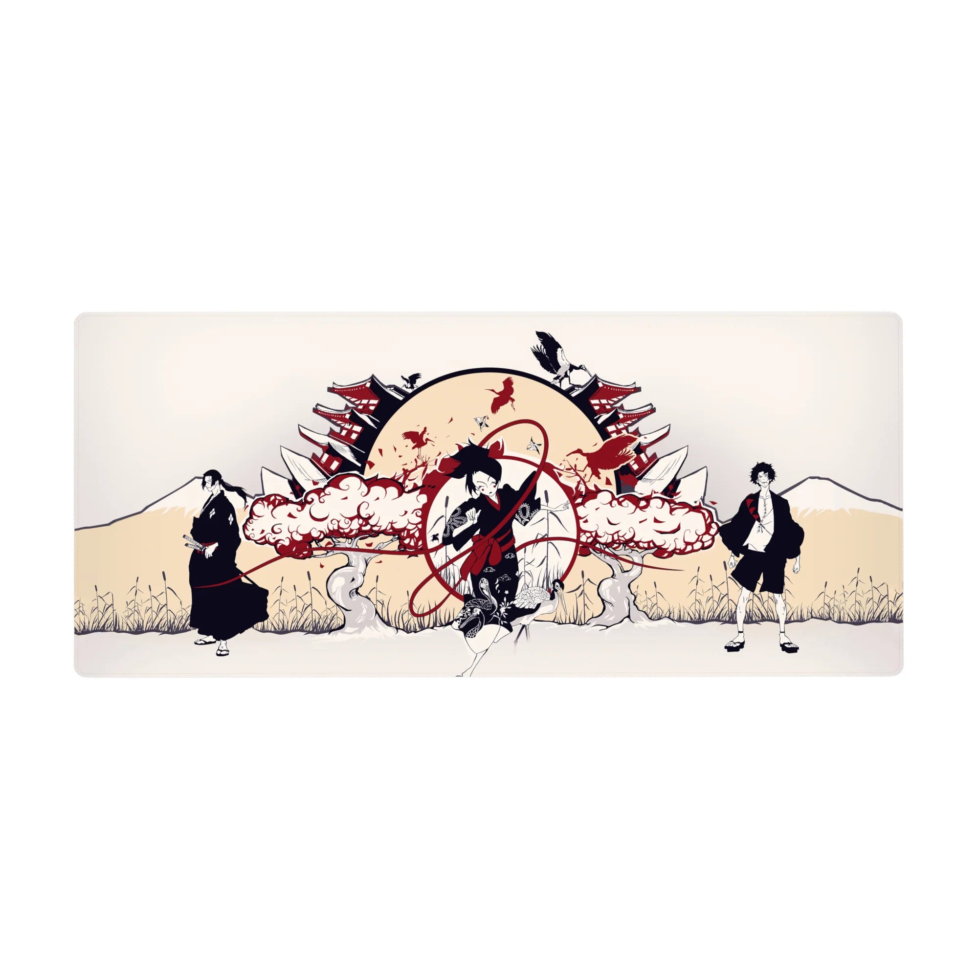 36x16 inches anime desk pad with rising sun, pagoda rooftops, and bold ink silhouettes with birds.