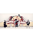 36x16 inches anime desk pad with rising sun, pagoda rooftops, and bold ink silhouettes with birds.