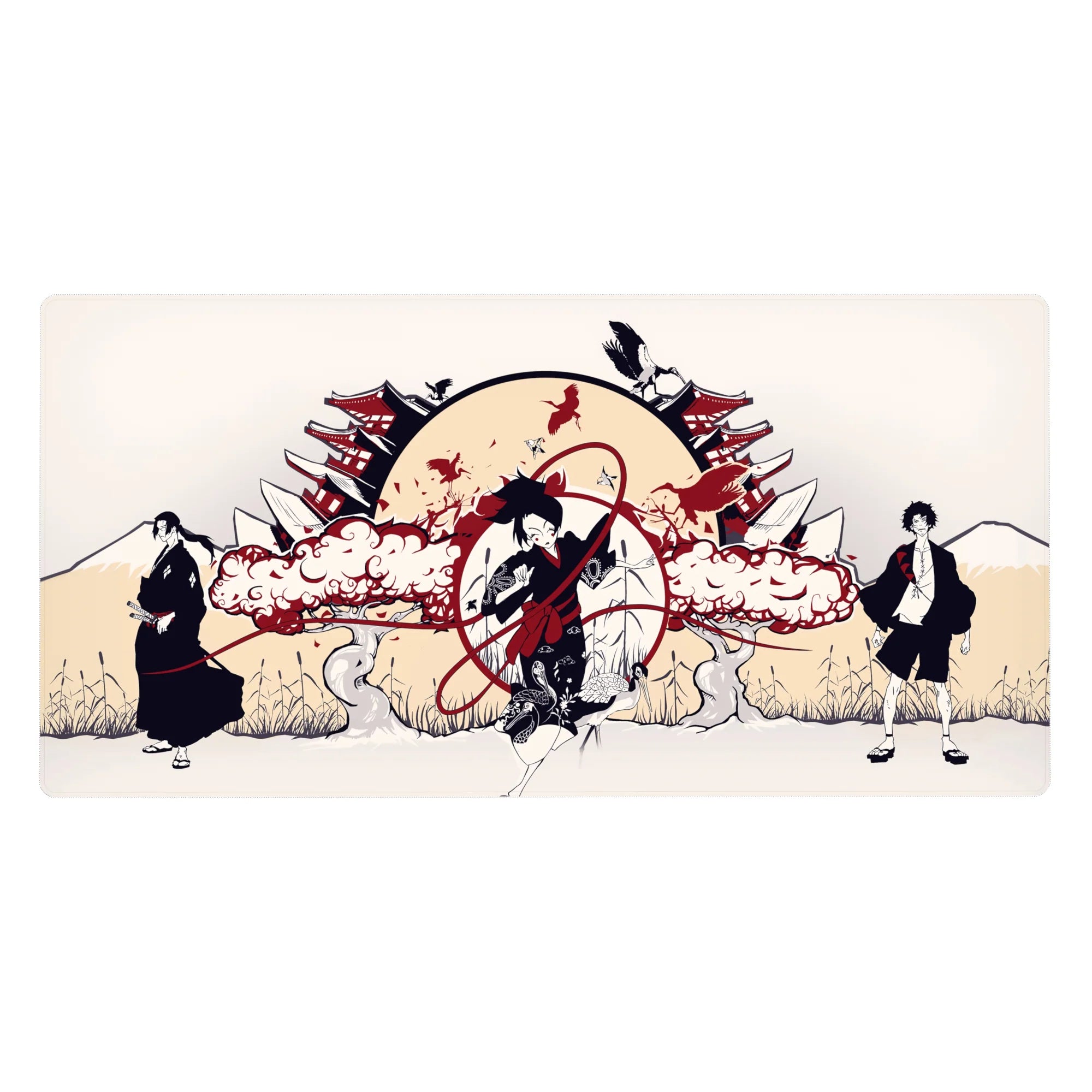 40x20 inches anime desk pad with rising sun, pagoda rooftops, and ink-black silhouettes in action scene.