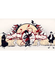 40x20 inches anime desk pad with rising sun, pagoda rooftops, and ink-black silhouettes in action scene.