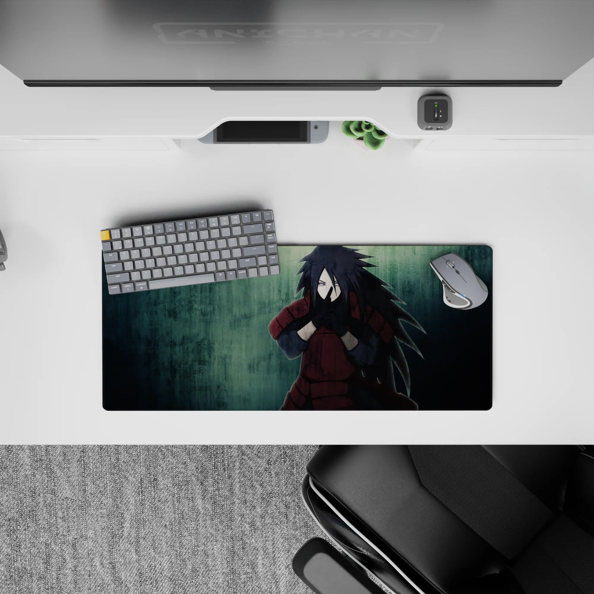 Moody teal and deep crimson anime mouse pad 28x12 inches with rain-textured, intense vibe.