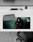 Moody teal and deep crimson anime mouse pad 28x12 inches with rain-textured, intense vibe.