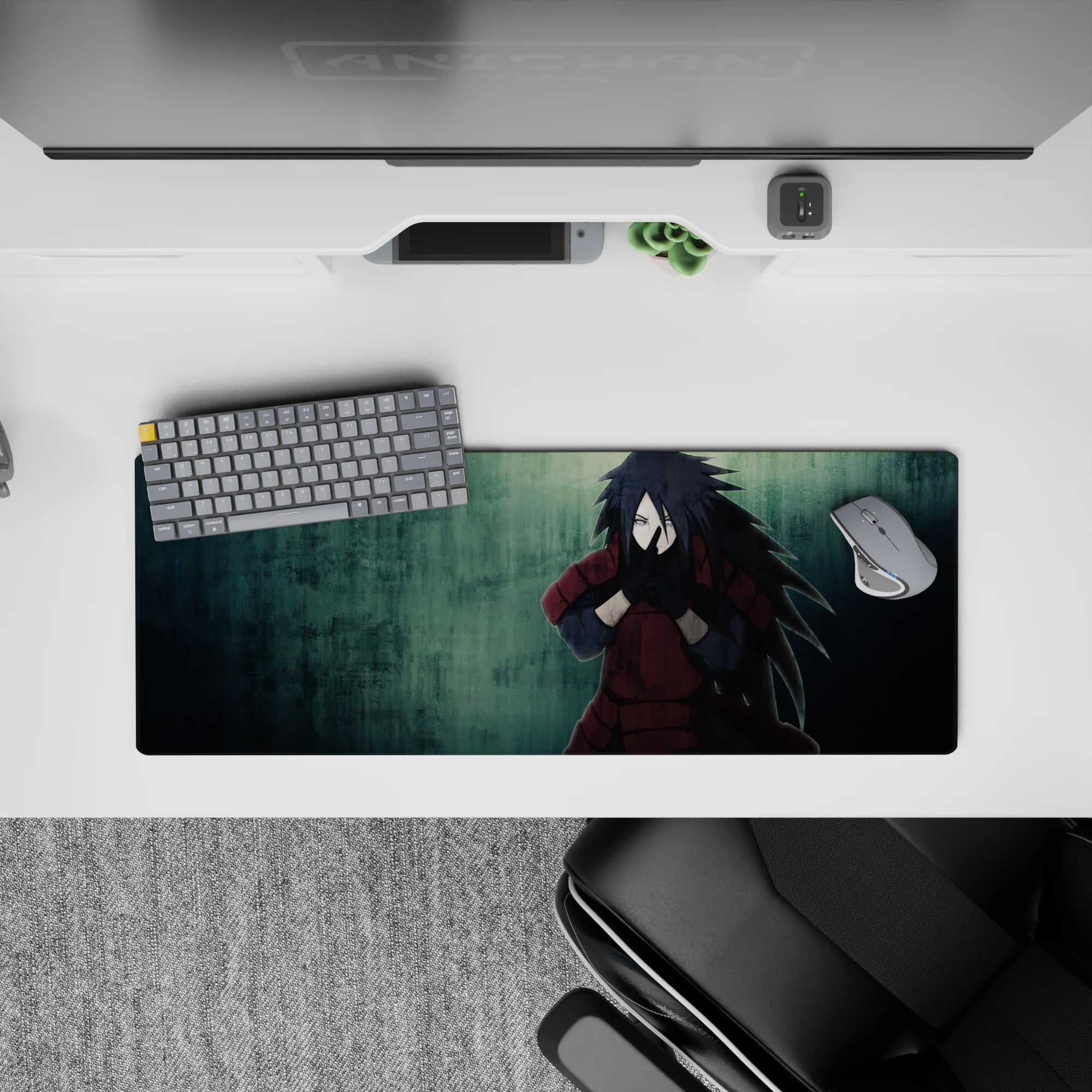 32x12 inches anime mouse pad in deep crimson and moody teal, brooding vibe with gritty rain-texture art.