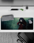 32x12 inches anime mouse pad in deep crimson and moody teal, brooding vibe with gritty rain-texture art.