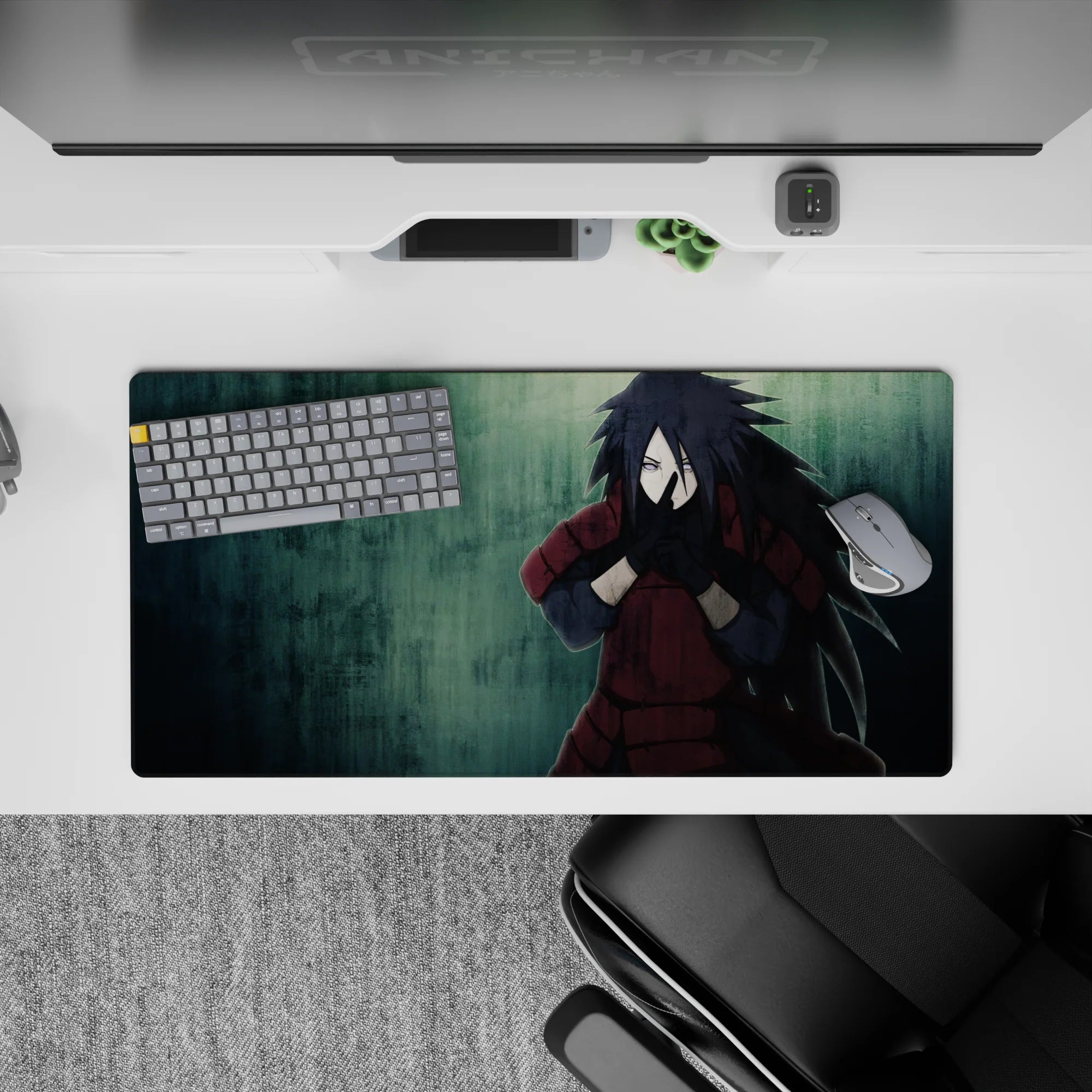 32x16 inches anime desk mat in deep crimson and moody teal, brooding vibe with gritty rain texture.