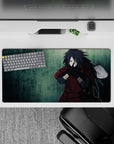 32x16 inches anime desk mat in deep crimson and moody teal, brooding vibe with gritty rain texture.