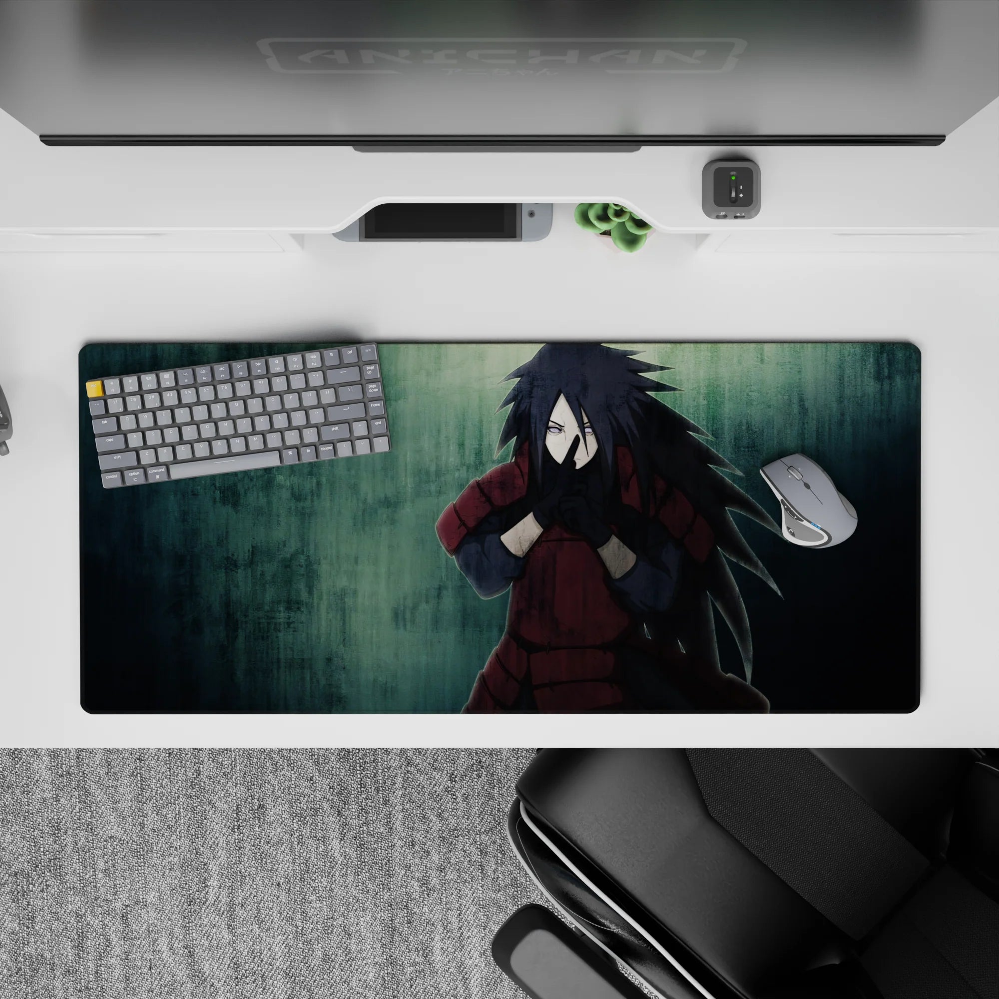 36x16 inches anime desk pad in moody teal and deep crimson, gritty rainy vibe for intense desk style.