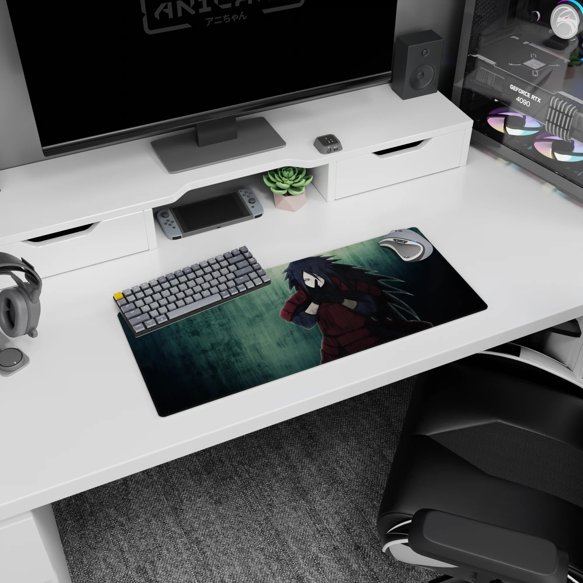 Madara Uchiha casting a jutsu on a 28x12 inches anime mouse pad, gritty rain effect background.