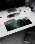 Madara Uchiha casting a jutsu on a 28x12 inches anime mouse pad, gritty rain effect background.