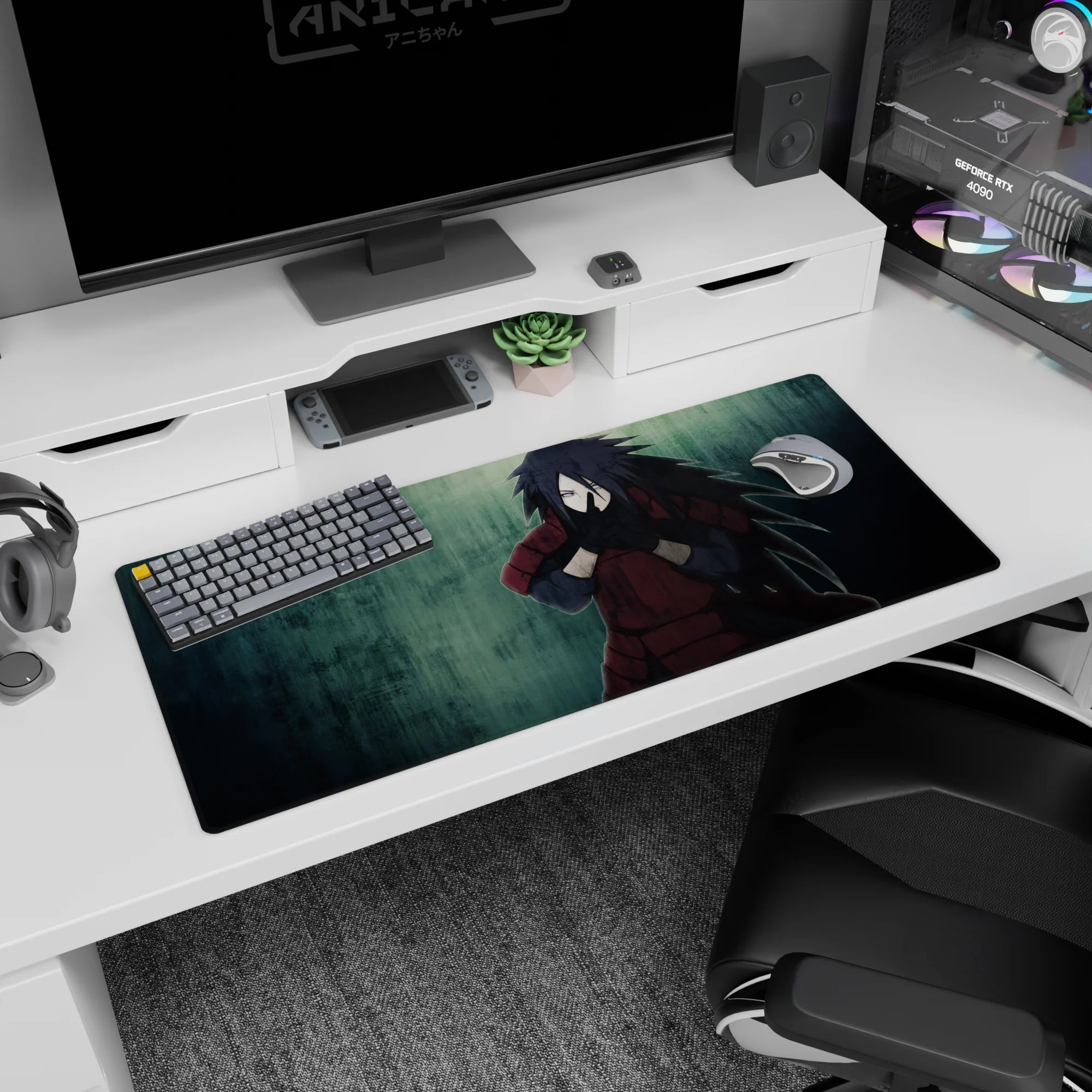 36x16 inches Naruto Shippuden desk pad featuring Madara Uchiha in red armor forming a jutsu, dramatic scene.