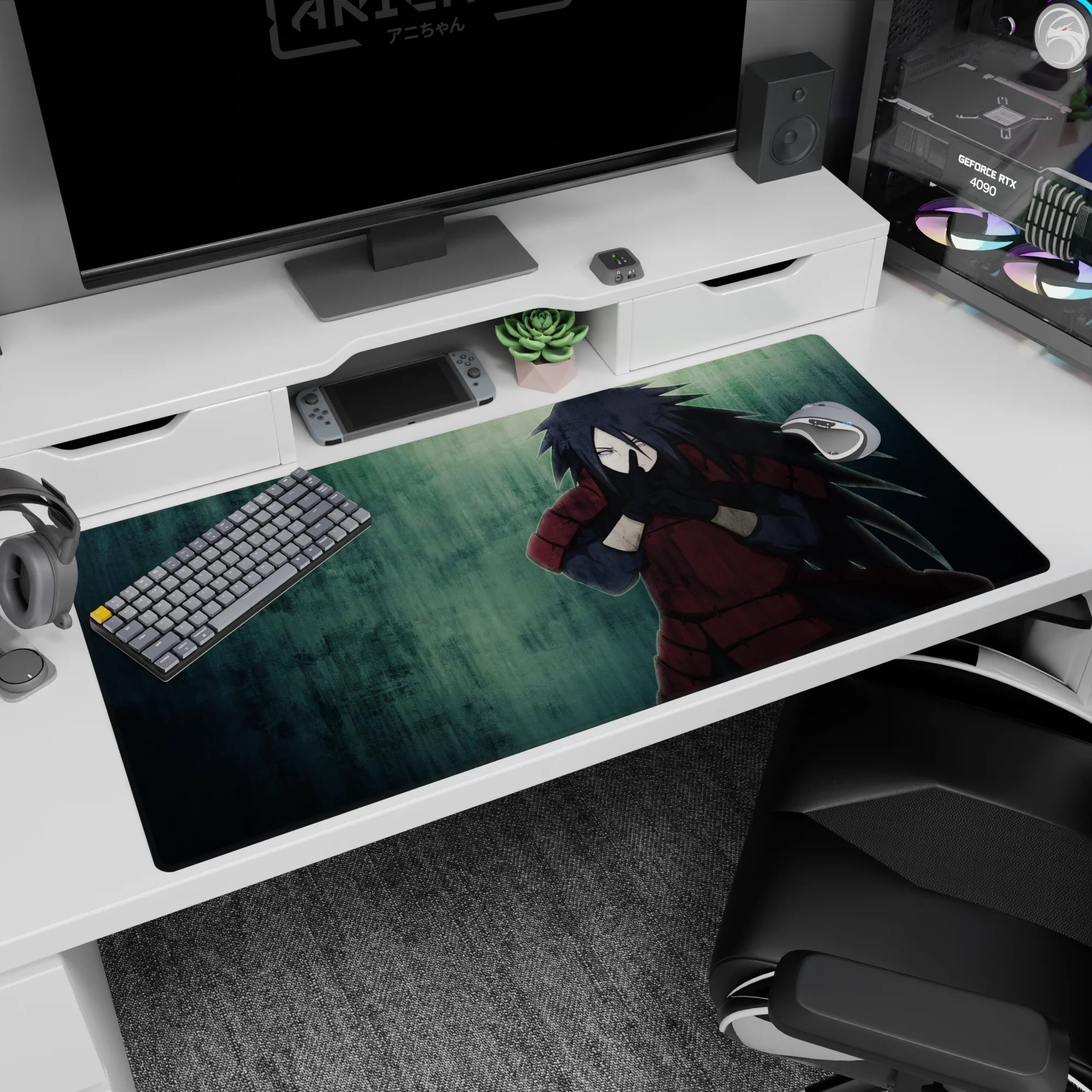 Madara Uchiha from Naruto Shippuden desk pad 40x20 inches, fingers in jutsu, rain-soaked scene.