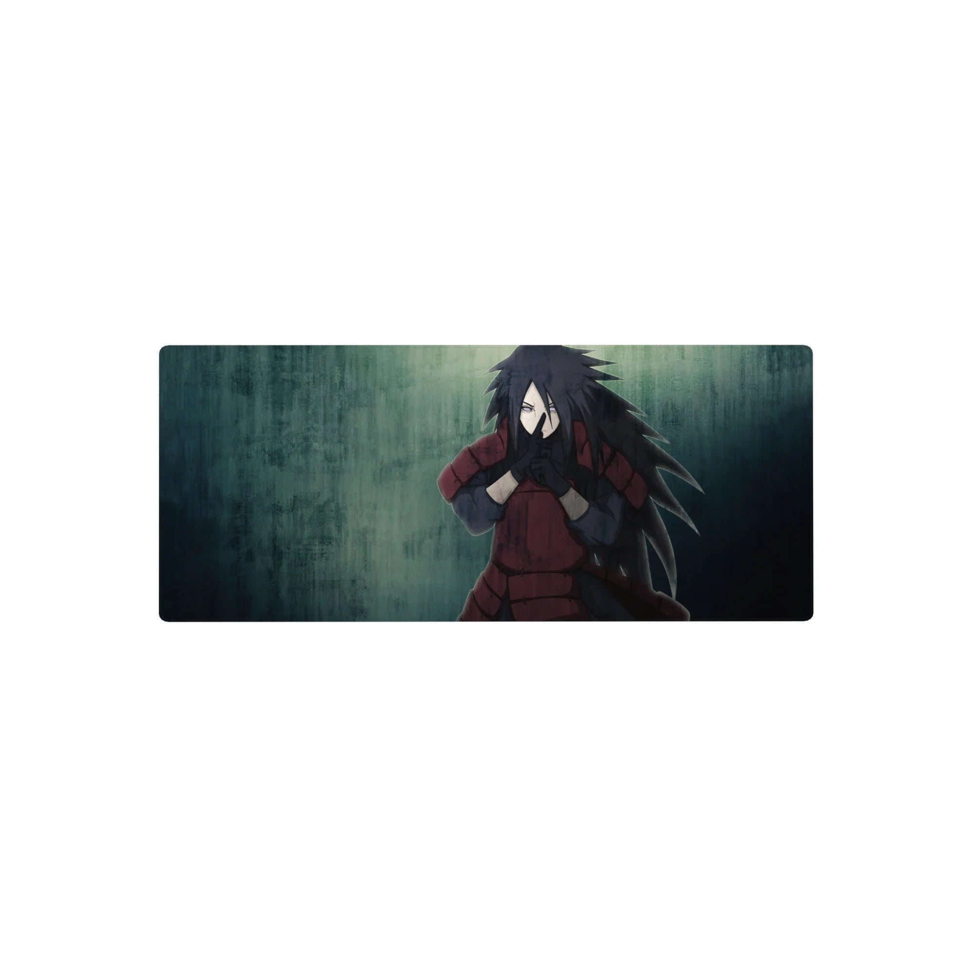 Cinematic anime mouse pad 28x12 inches with Madara-style crimson armor on moody teal backdrop.