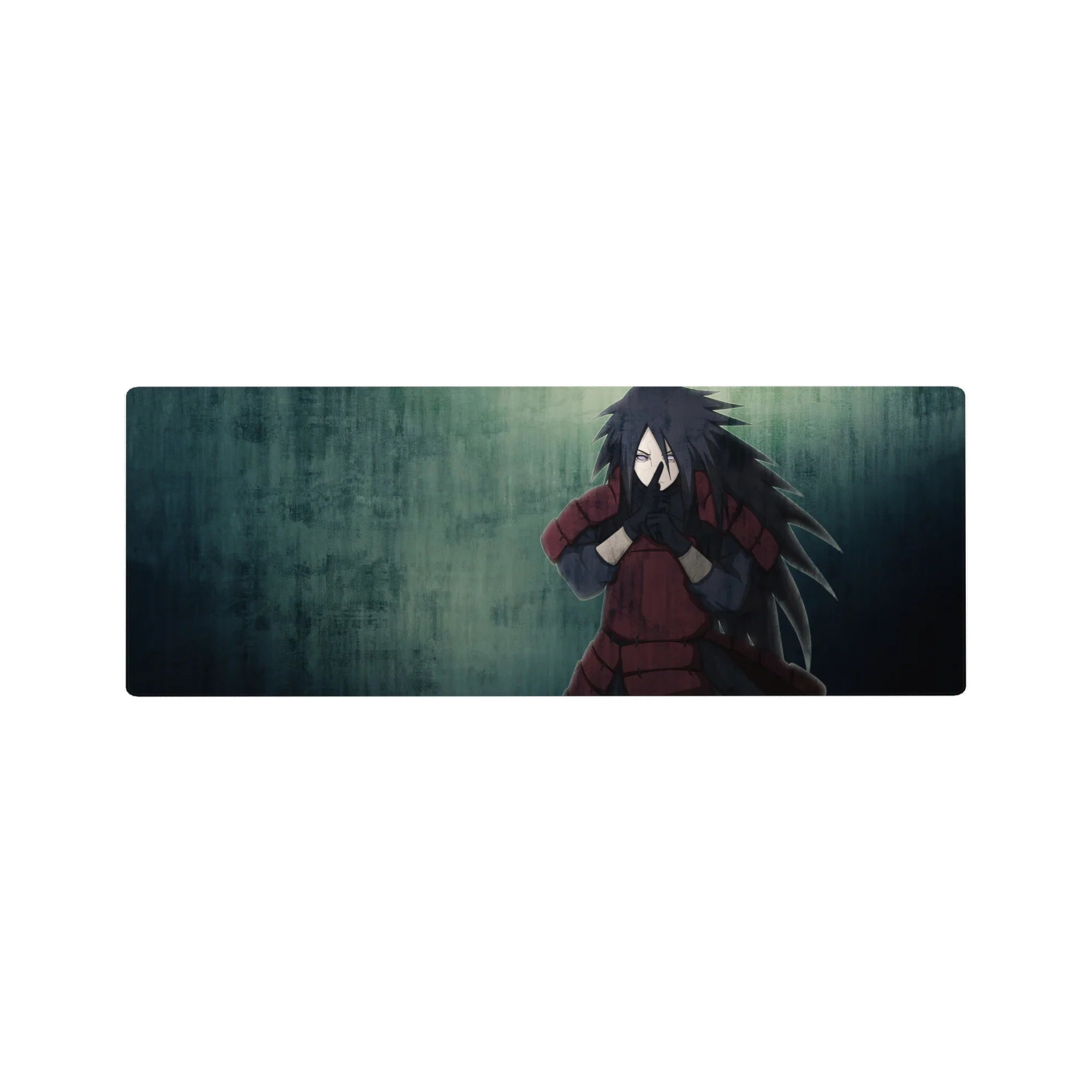 32x12 inches anime mouse pad with Madara Uchiha jutsu pose, cinematic rain texture, widescreen desk mat.