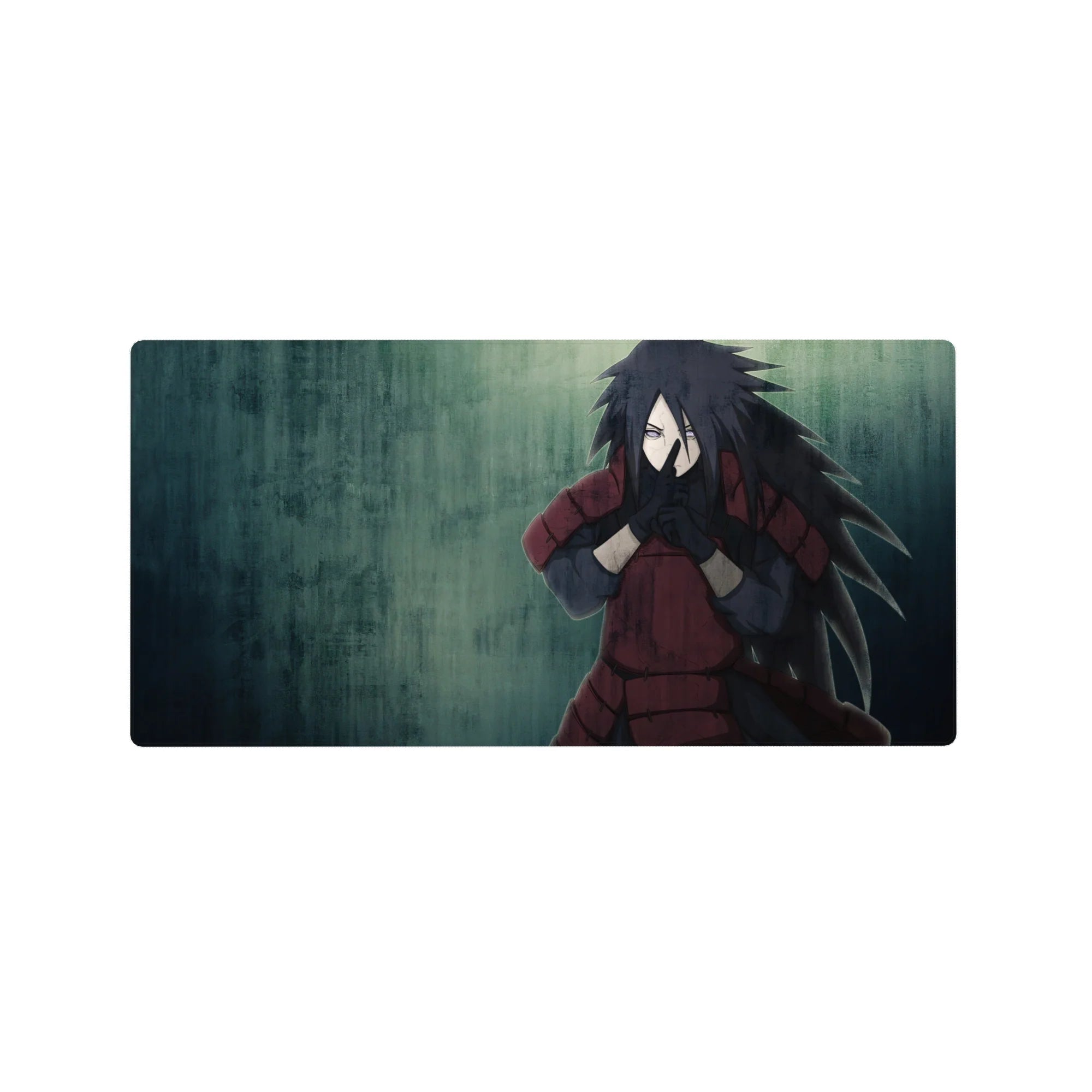 32x16 inches anime mouse pad with Madara Uchiha jutsu pose, cinematic rain texture, desk mat.
