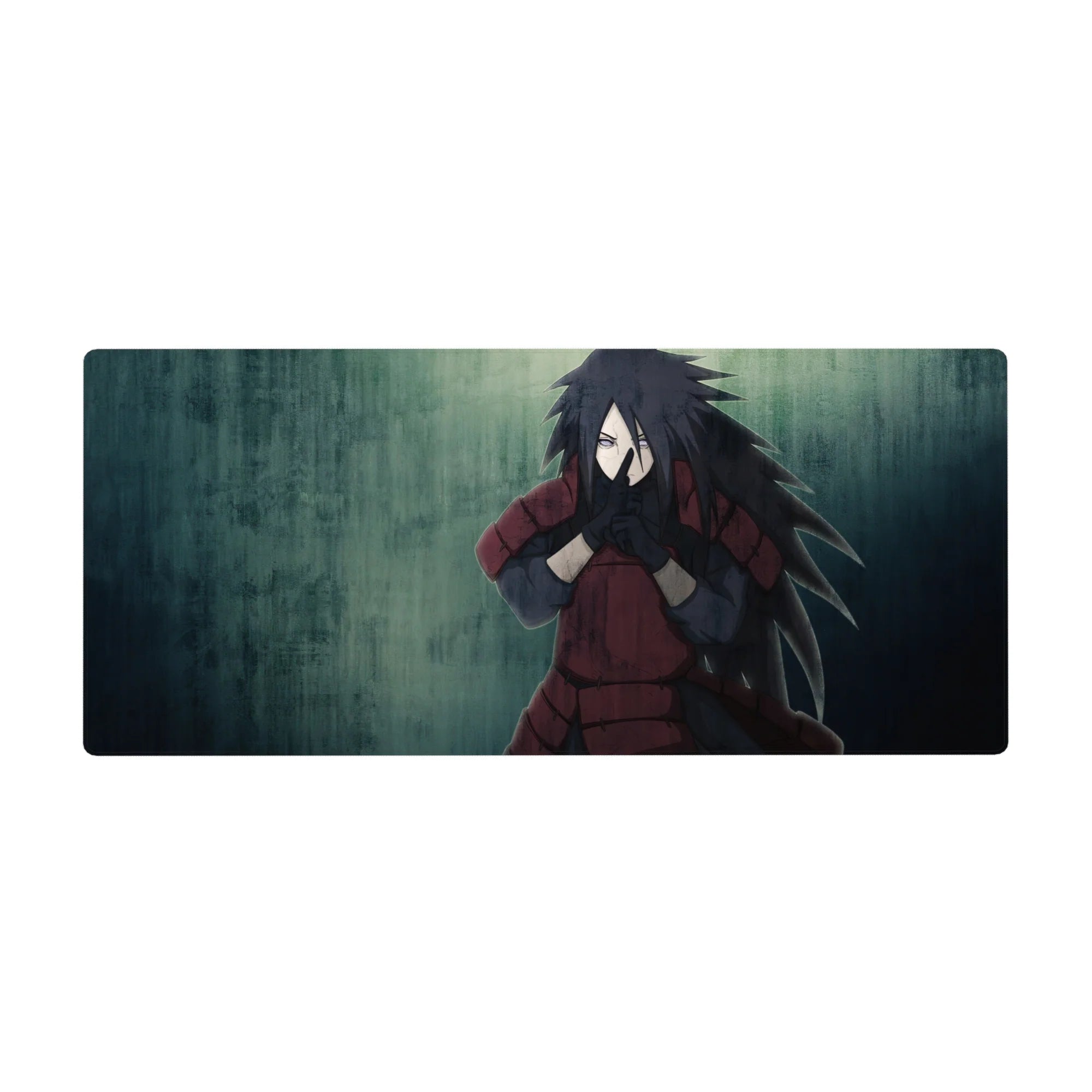 36x16 inches anime desk pad with cinematic Madara Uchiha jutsu pose, rain-texture background, bold armor.