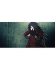 36x16 inches anime desk pad with cinematic Madara Uchiha jutsu pose, rain-texture background, bold armor.