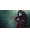 Anime desk pad 40x20 inches with cinematic rain-texture backdrop and bold crimson armor artwork.